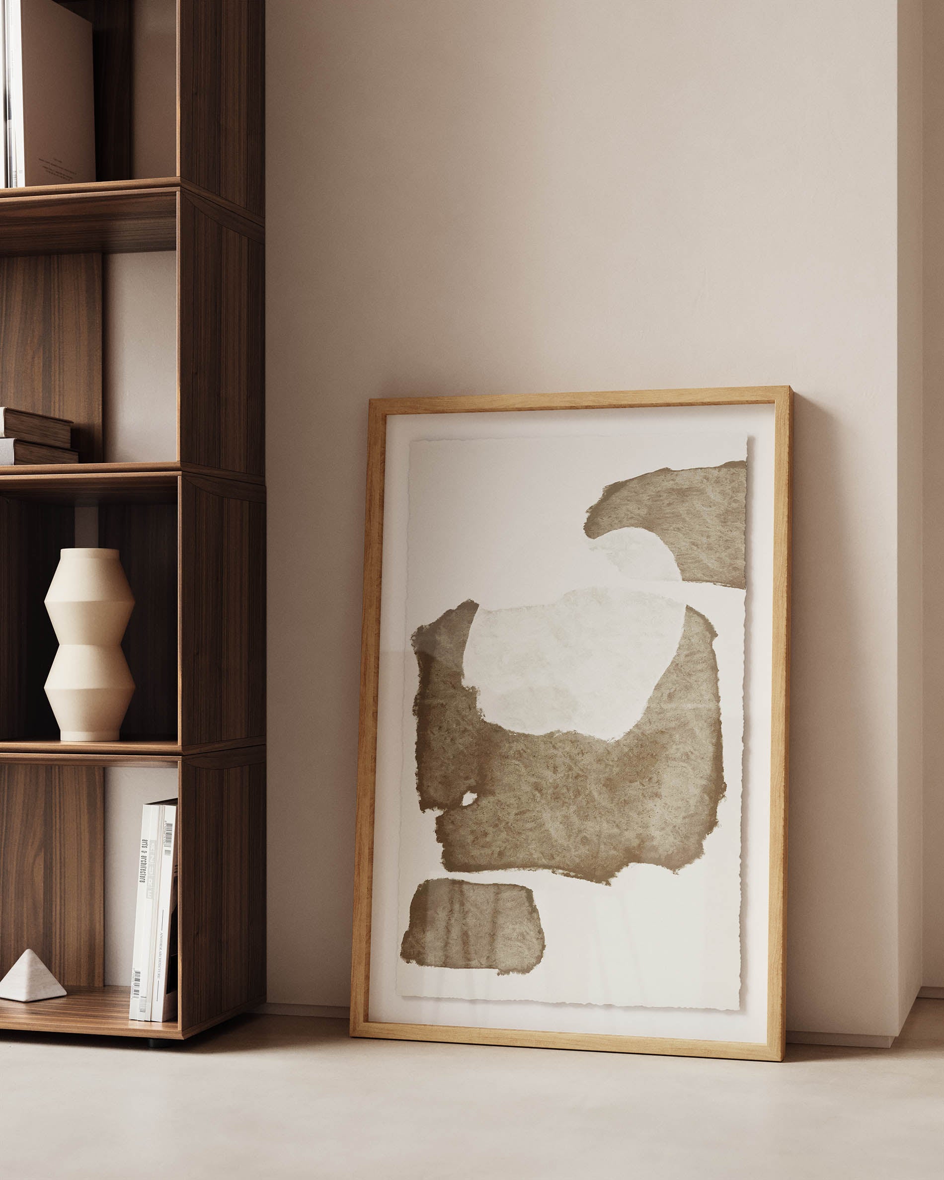 Torroella abstract painting in white and brown, 60 x 90 cm - Lifestyle