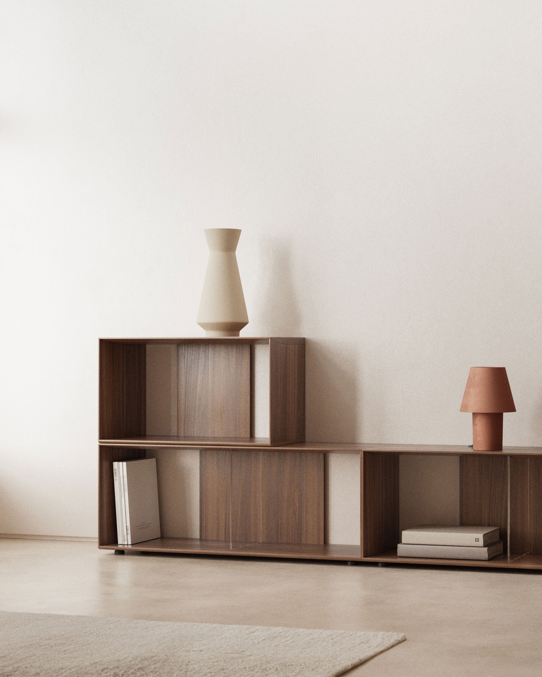 Litto set of 6 modular shelving units in walnut wood veneer, 168 x 114 cm - Lifestyle