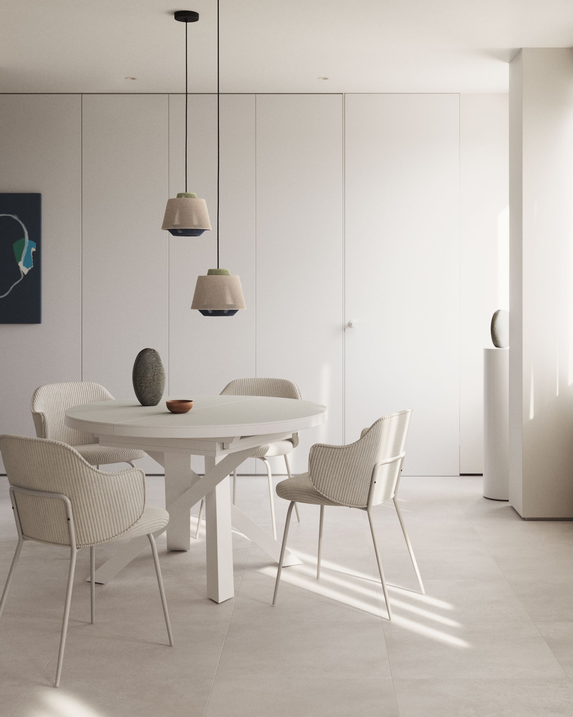 Vashti extendable round table in glass and MDF with steel legs in white, Ø 120(160)x120cm - Lifestyle
