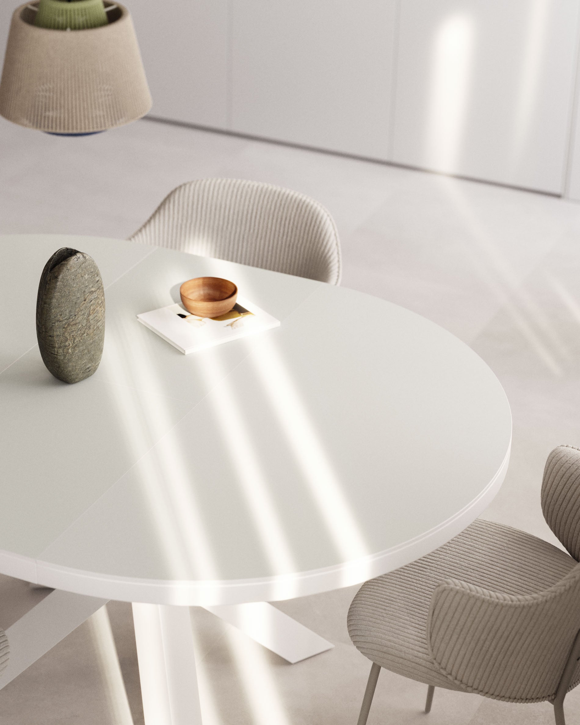 Vashti extendable round table in glass and MDF with steel legs in white, Ø 120(160)x120cm - Lifestyle