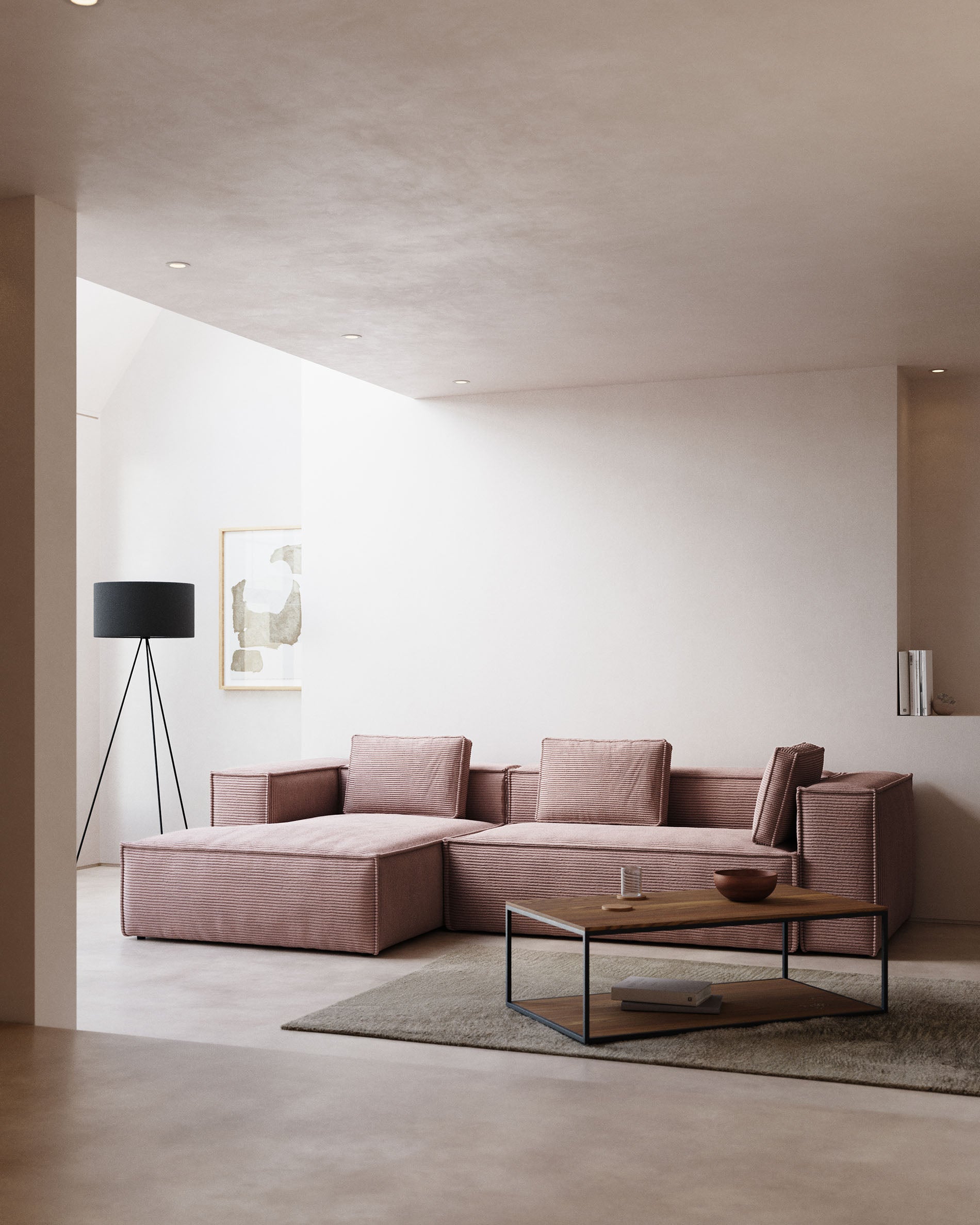 Blok 3-person sofa with chaise longue on the left in pink corduroy, 300 cm