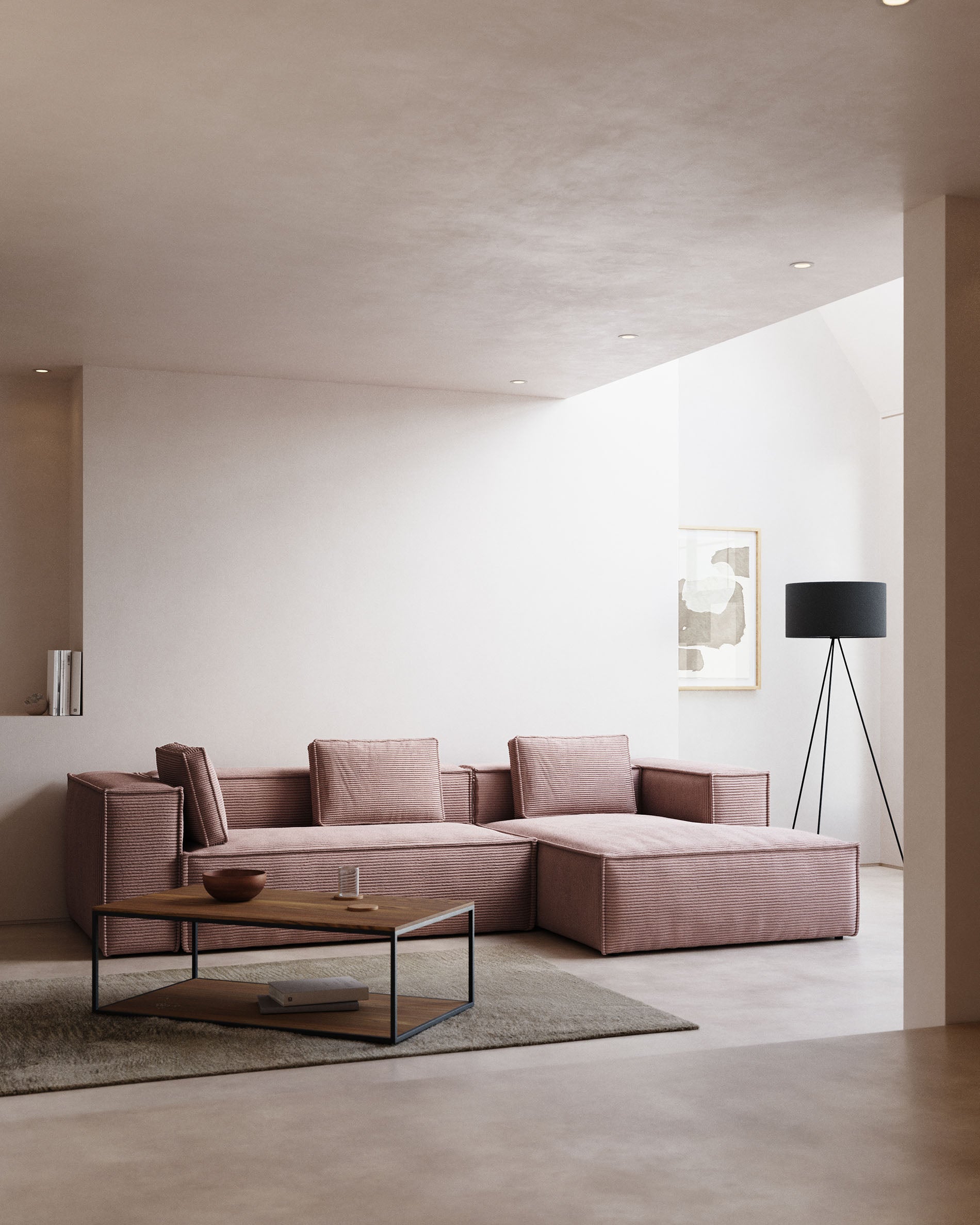 Blok 3-person sofa with chaise longue on the right in pink corduroy, 300 cm