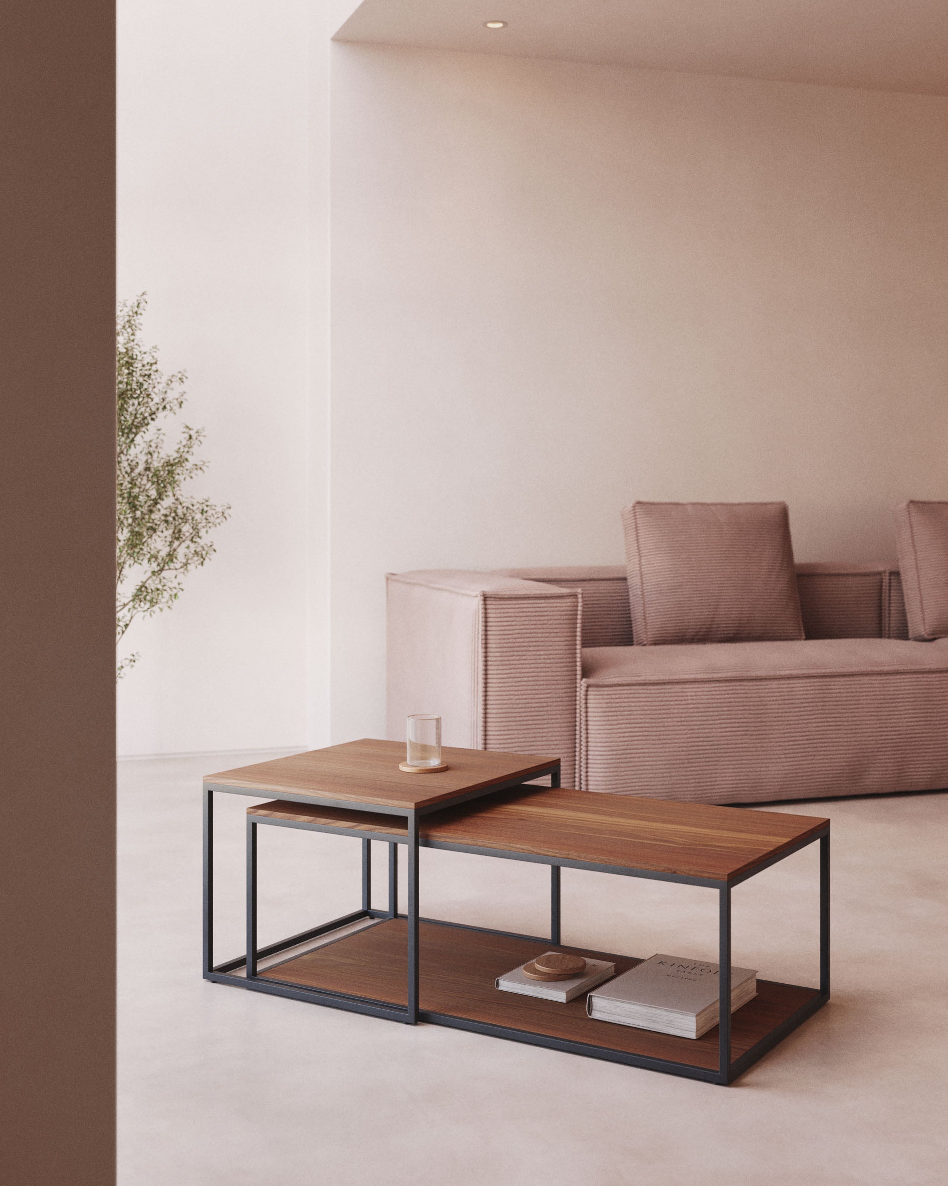 Yoana set of 2 nesting coffee tables with walnut veneer and black painted metal structure - Lifestyle