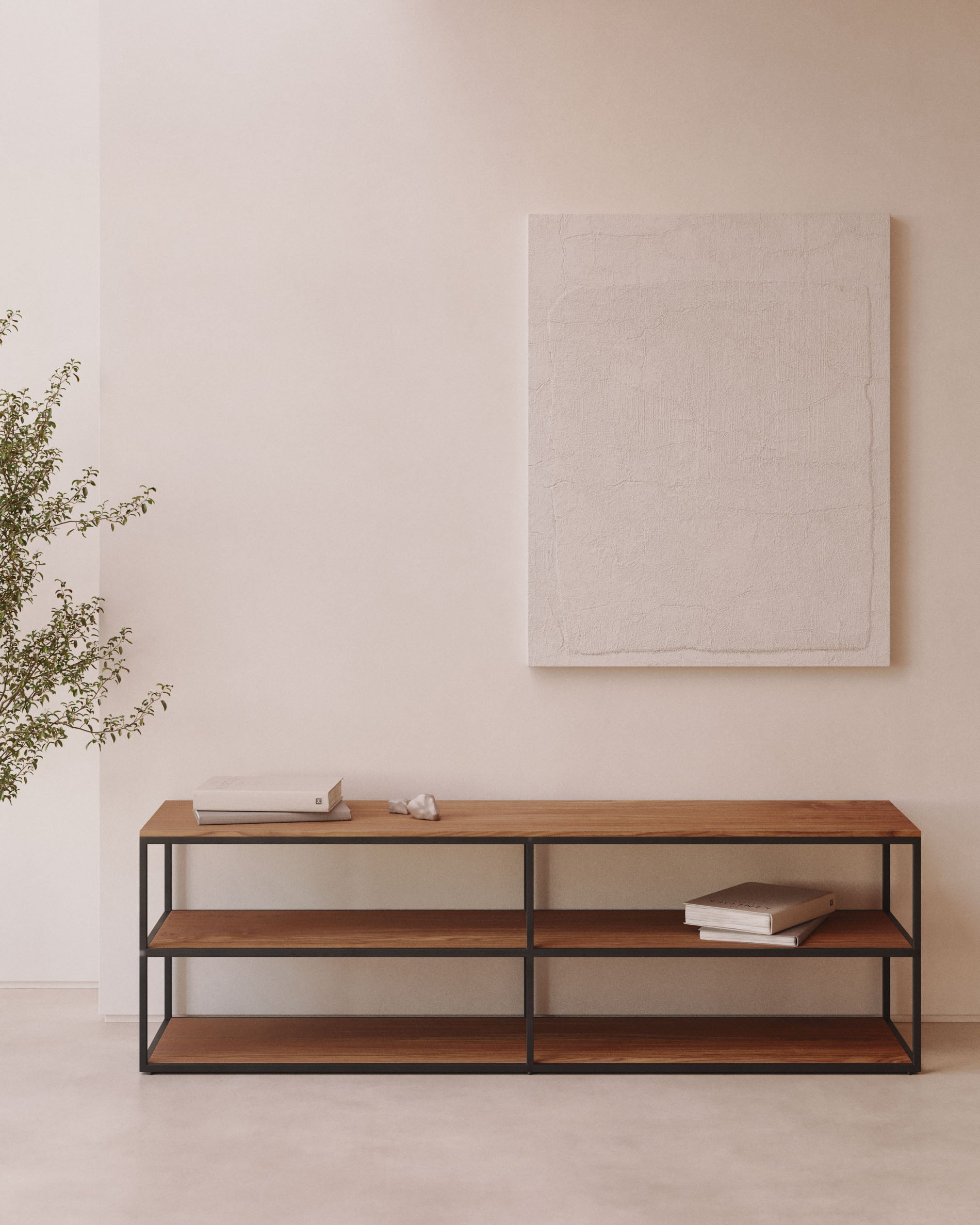 Yoana TV stand with a walnut veneer and painted black metal structure, 160 x 40 cm - Lifestyle