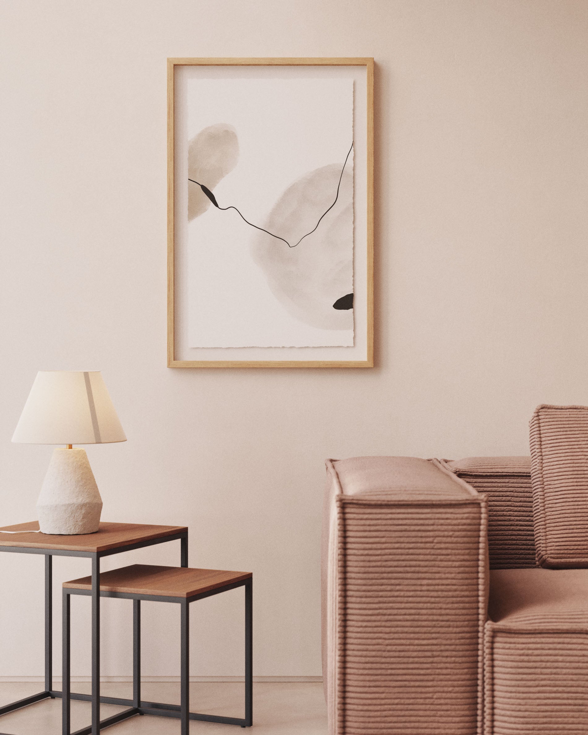 Torroella abstract painting in white, brown, and grey, 60 x 90 cm - Lifestyle