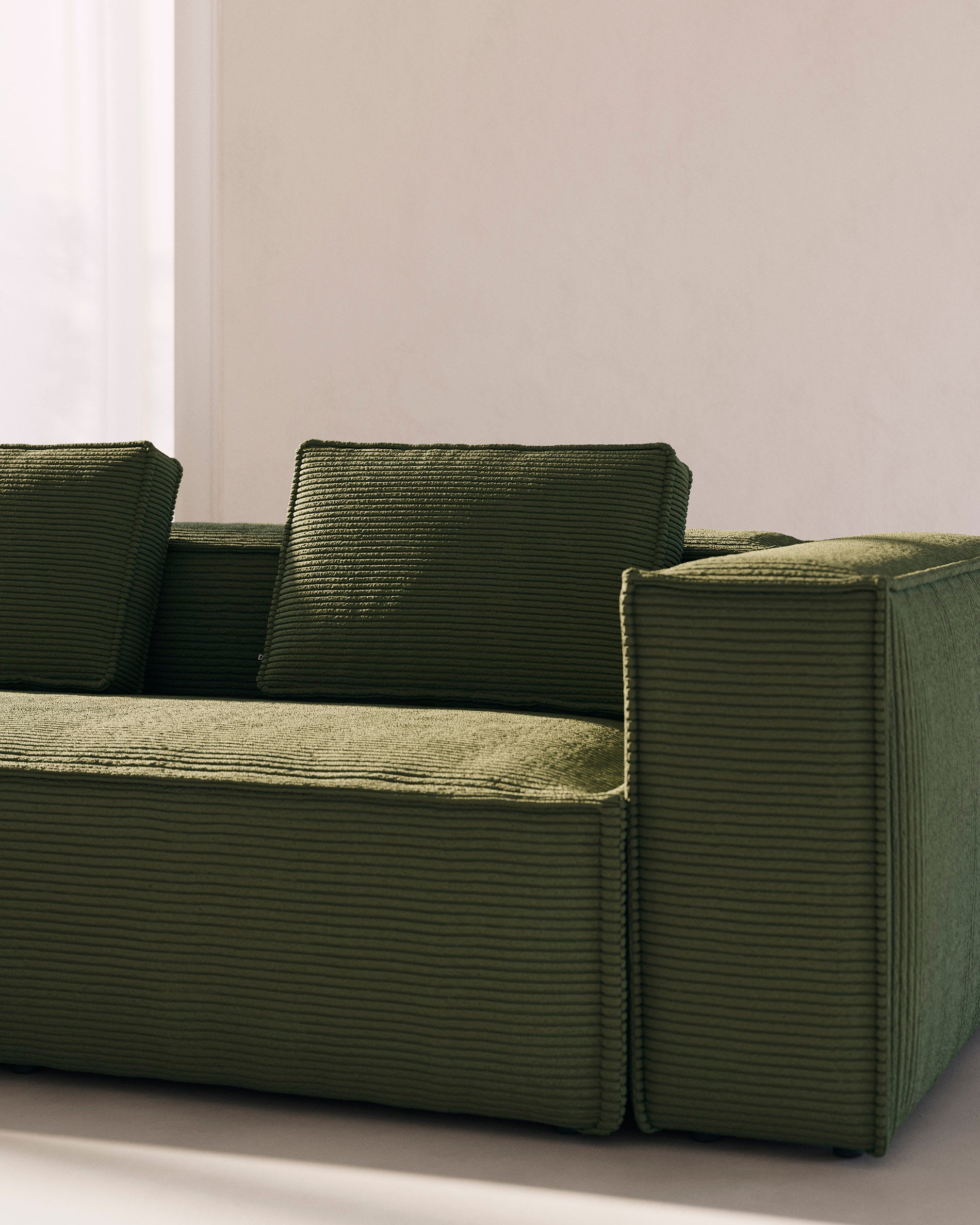 Blok 4 seater corner sofa in green corduroy, 320 x 230 cm / 230 x 320 cm FSC Mix Credit - Lifestyle