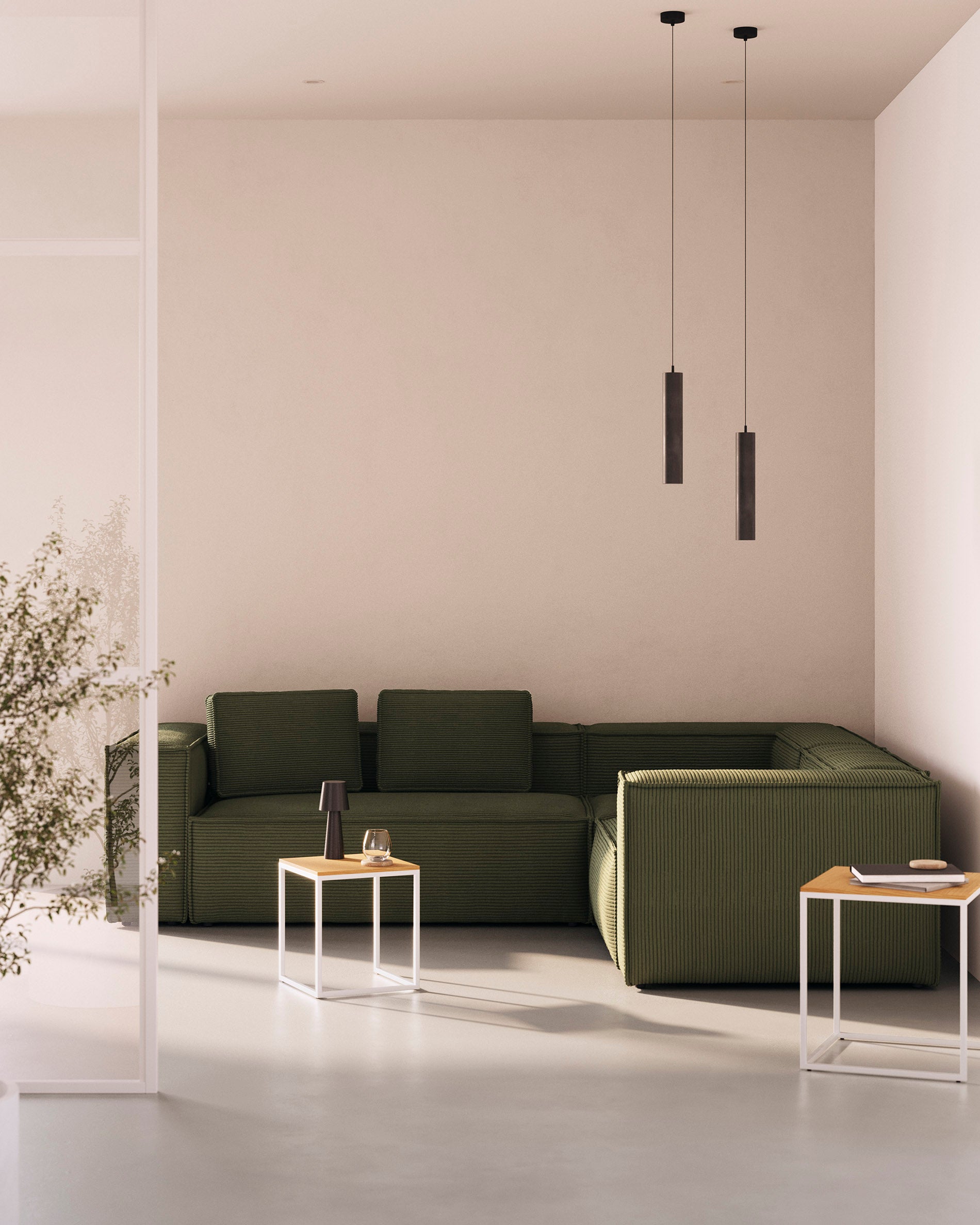 Blok 4 seater corner sofa in green corduroy, 320 x 230 cm / 230 x 320 cm FSC Mix Credit - Lifestyle