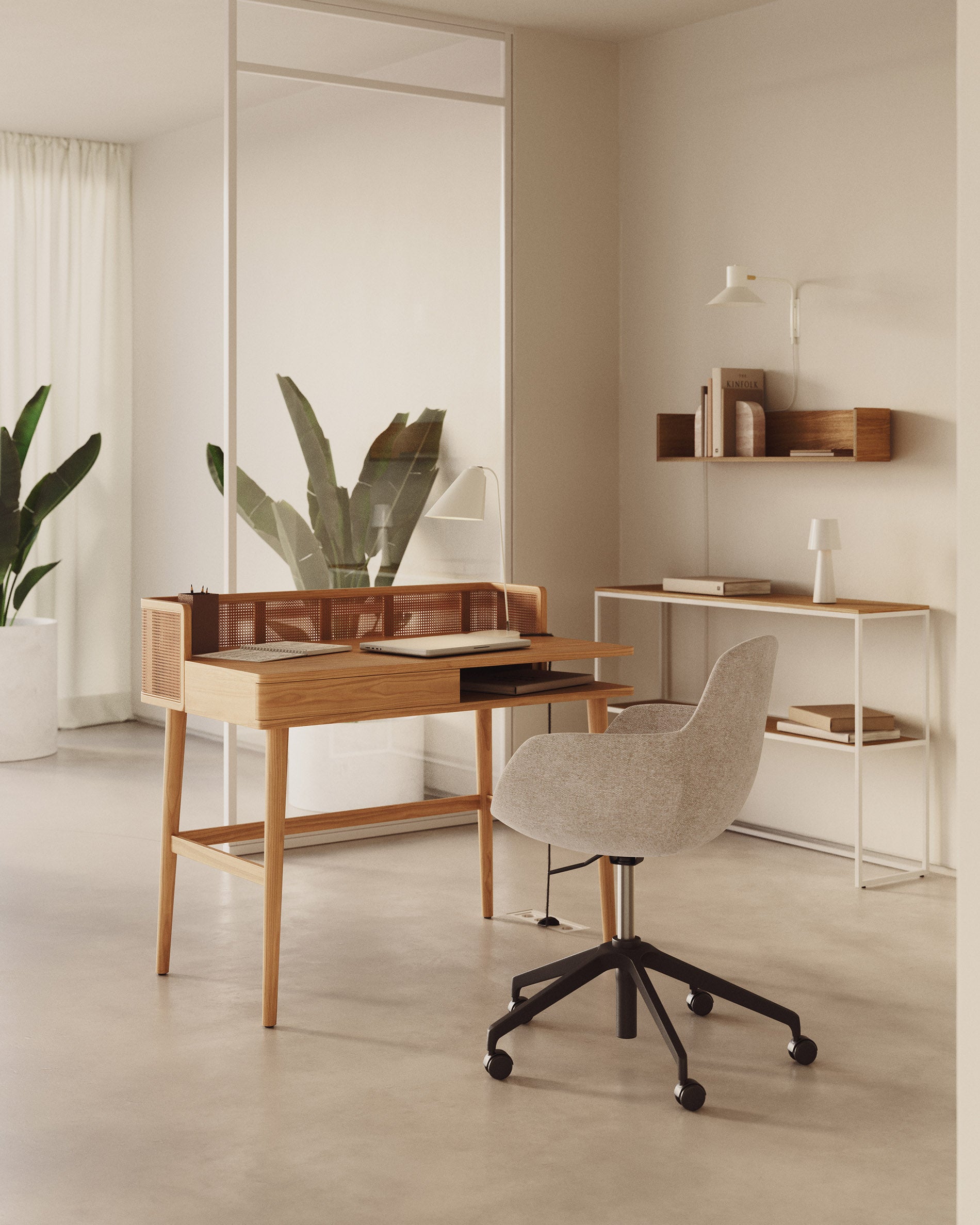 Araxi table in veneer, solid ash wood and rattan 105 x 62 cm - Lifestyle