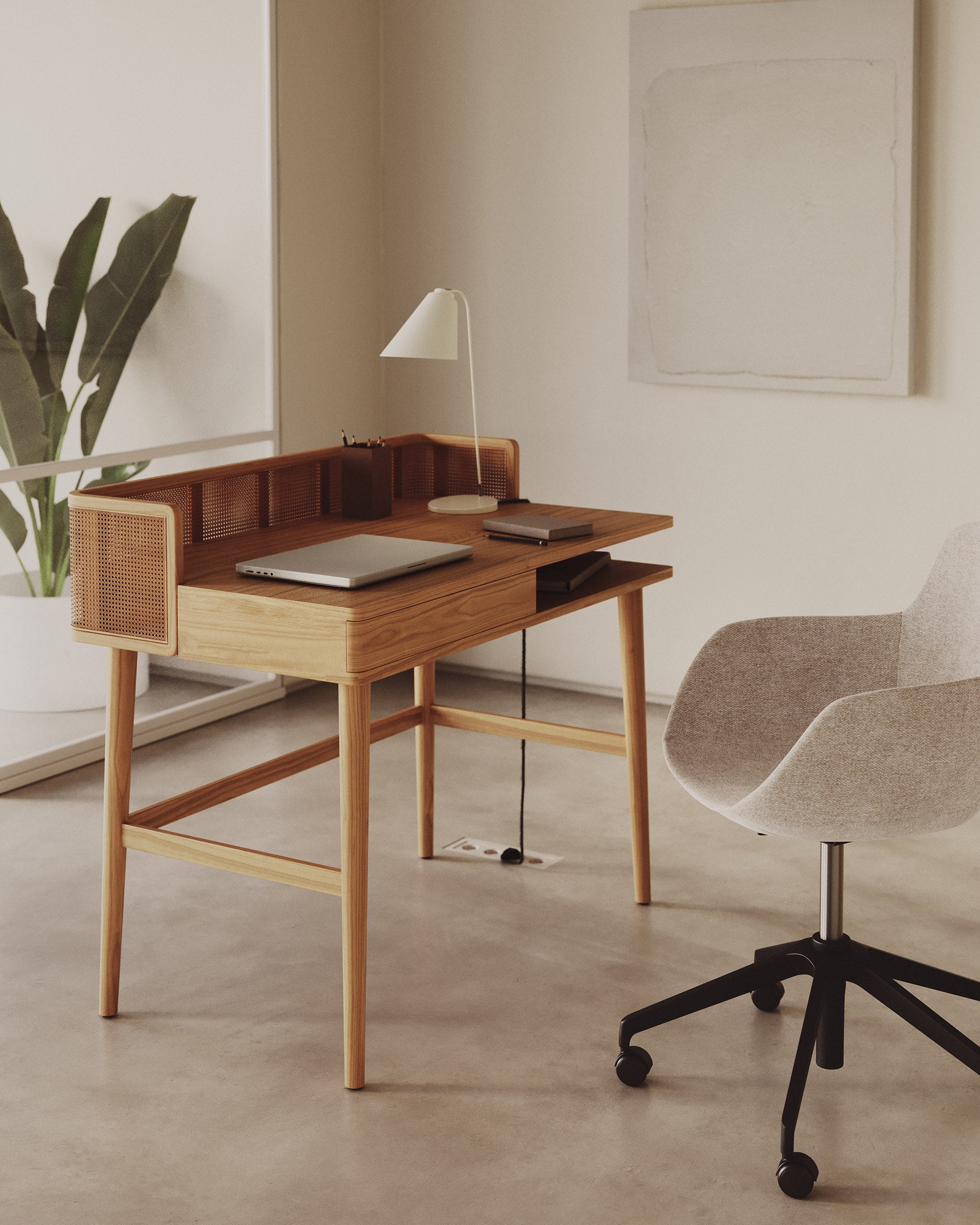 Araxi table in veneer, solid ash wood and rattan 105 x 62 cm - Lifestyle