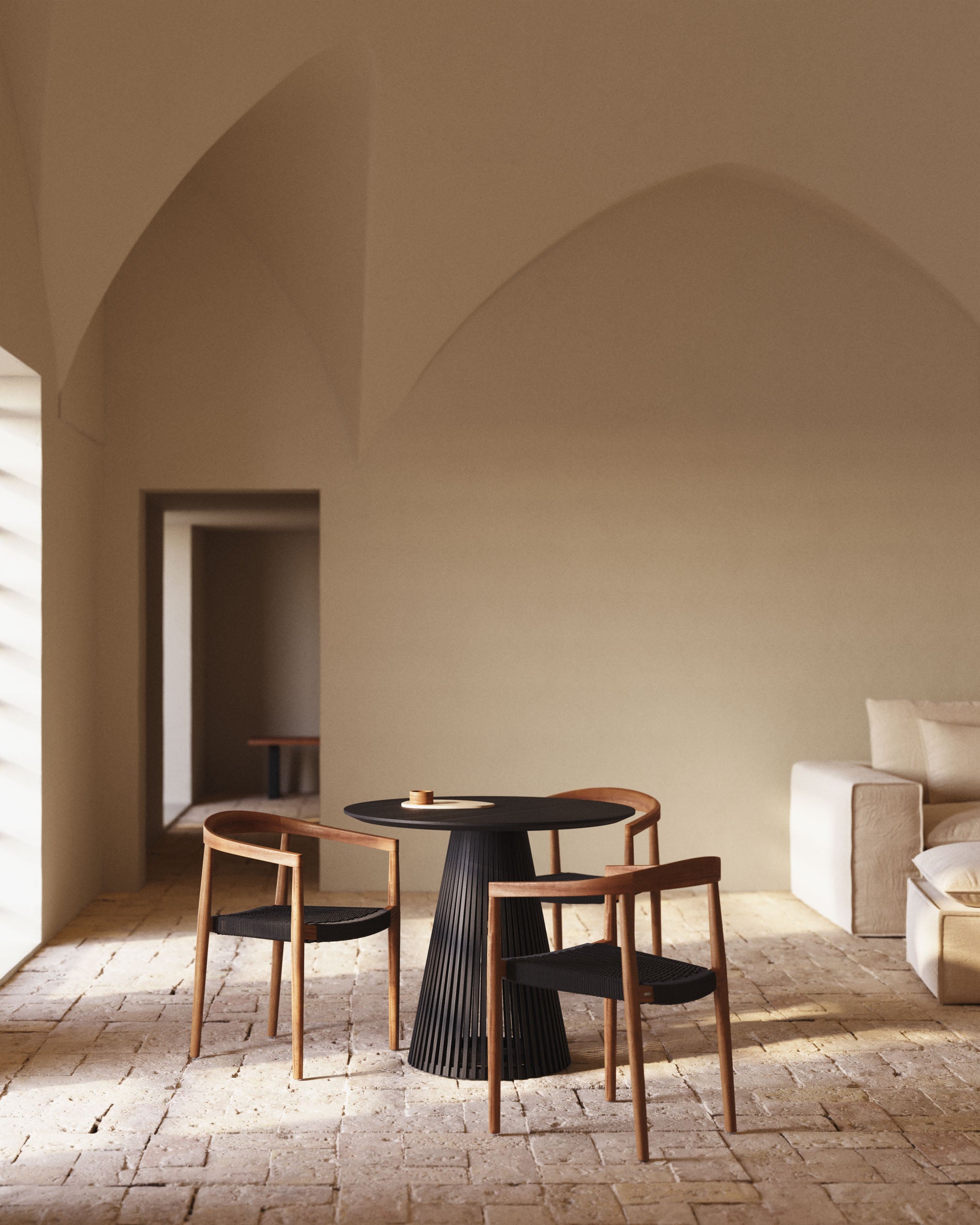 Jeanette round solid white cedar wood table in black, Ø 90 cm - Lifestyle