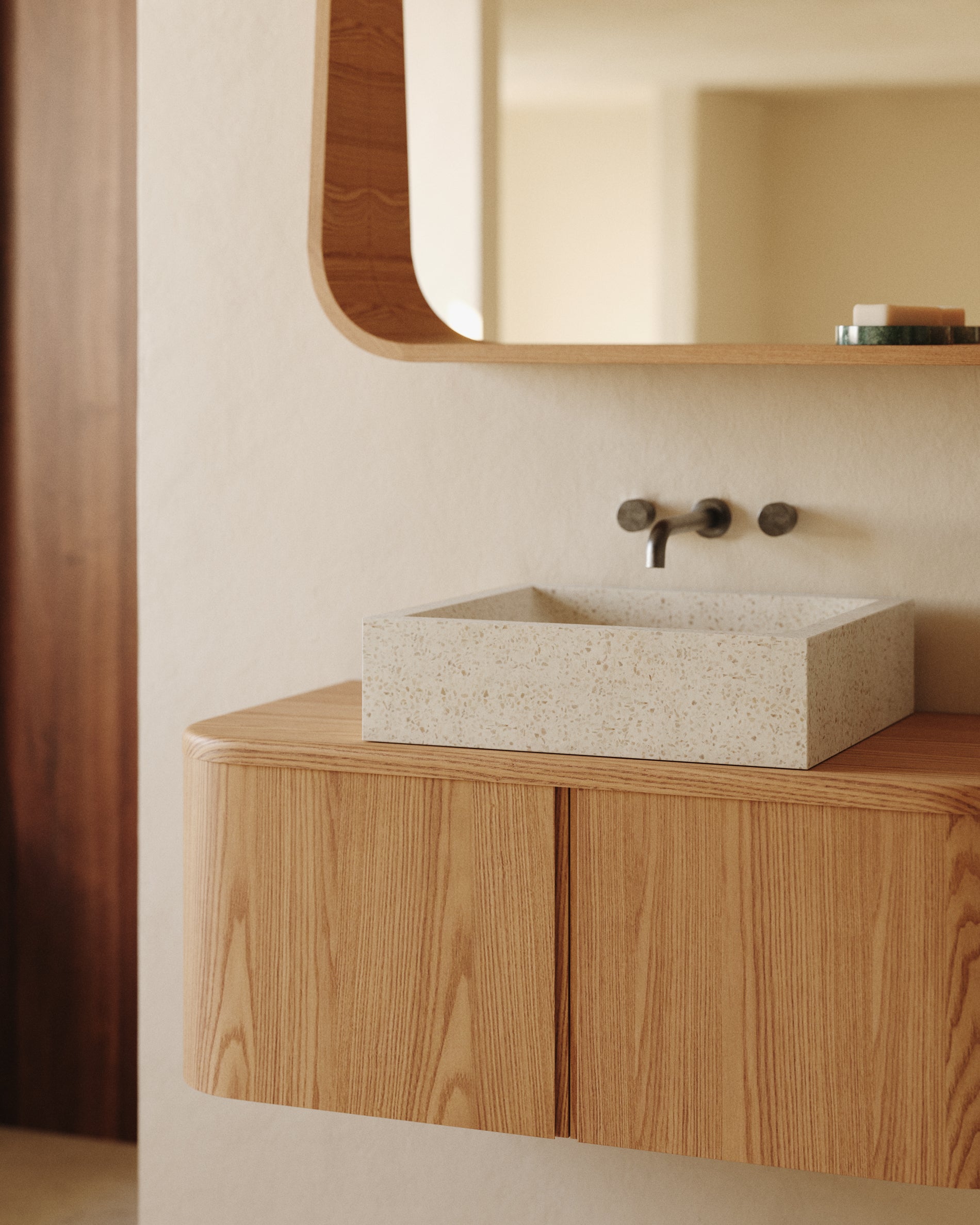 Salaya ash laminated plywood bathroom cupboard in a natural finish, 90 x 45 cm - Lifestyle