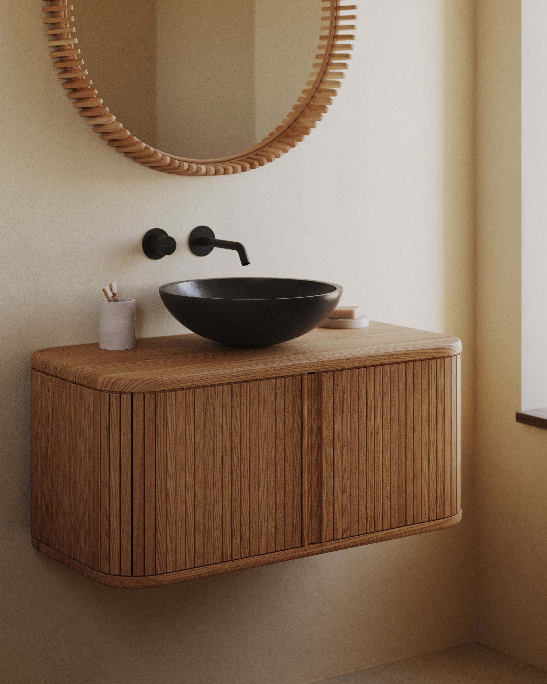 Mailen bathroom cupboard in ash veneer in a natural finish, 90 x 45 cm - Lifestyle
