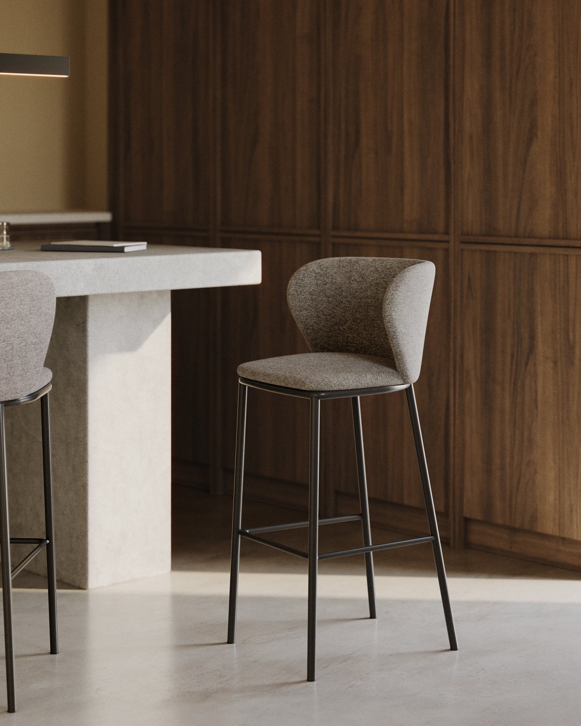 Ciselia stool in brown chenille with steel legs in black, 65 cm height FSC Mix Credit - Lifestyle
