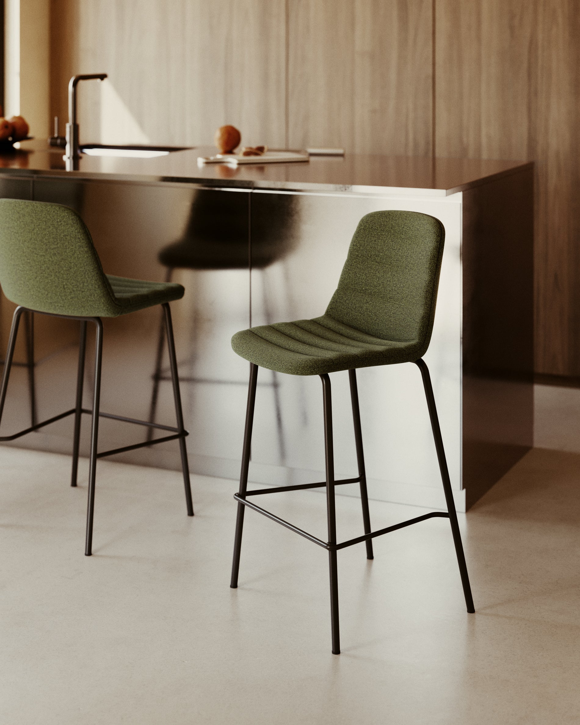 Zunilda stool in dark green and steel chenille with matt black finish height 65 cm FSC 100% - Lifestyle
