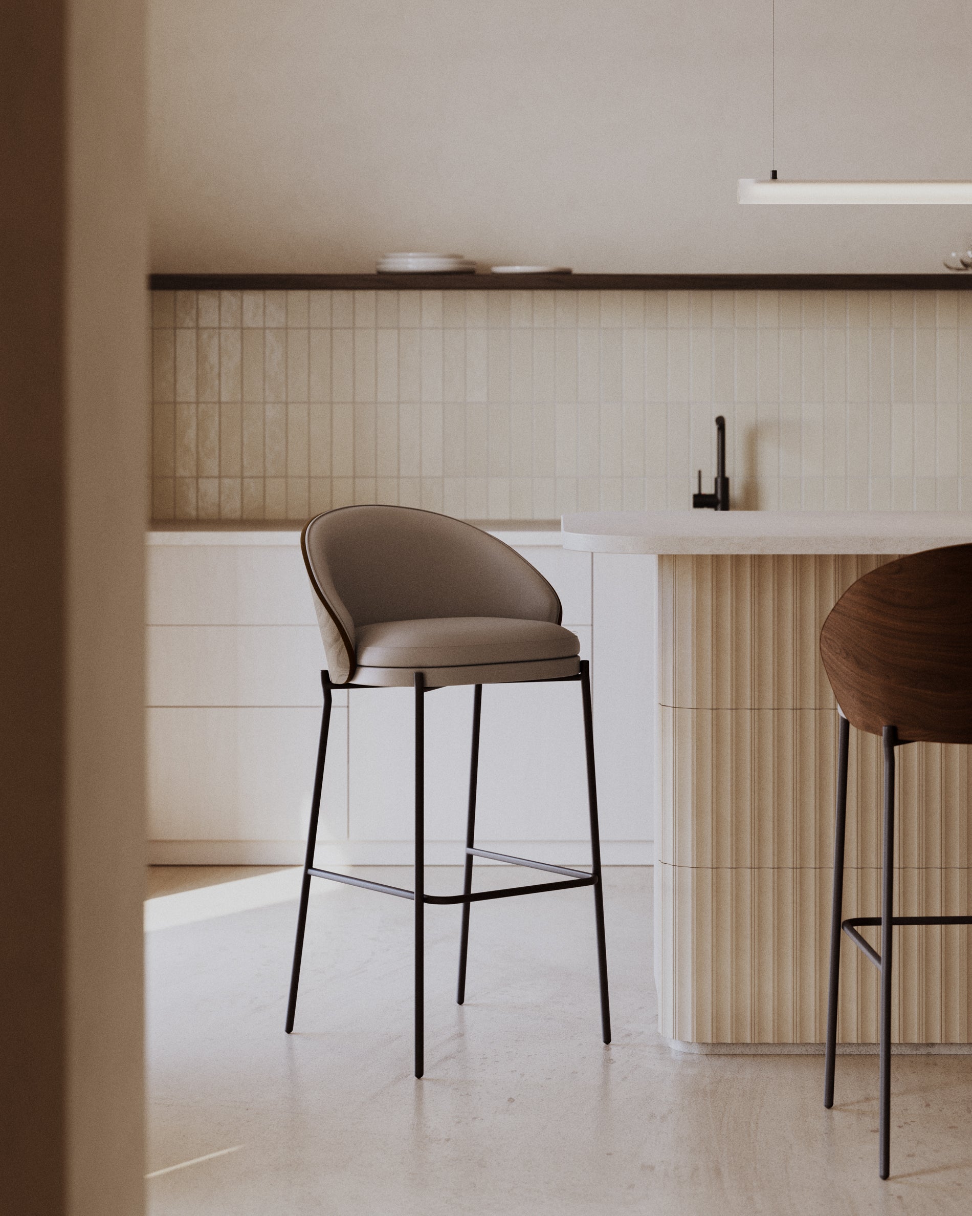 Eamy stool in brown faux leather, ash veneer, walnut finish and black metal 65 cm - Lifestyle