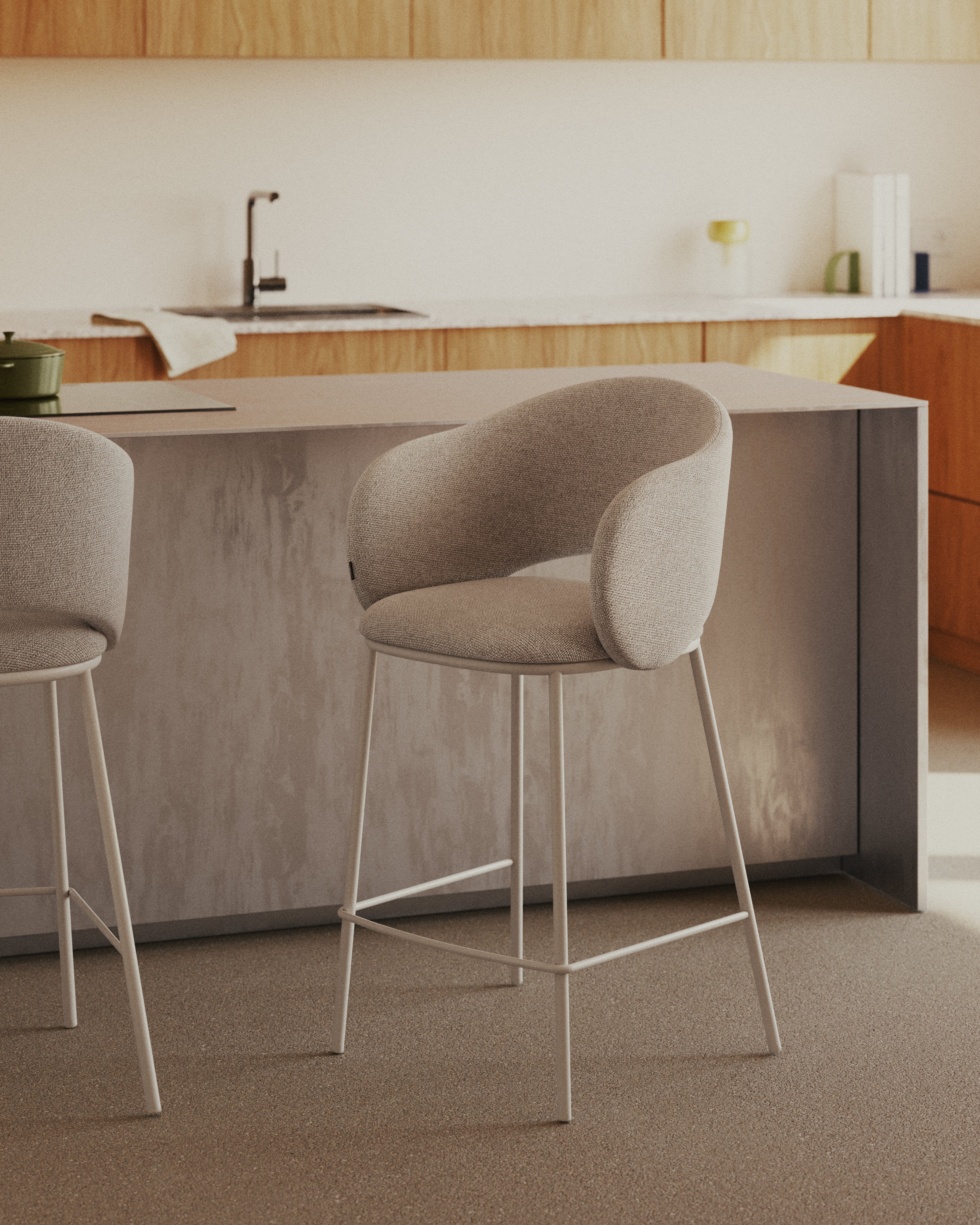 Maina stool in beige chenille and steel legs in a beige finish, FSC Mix Credit, 65 cm - Lifestyle