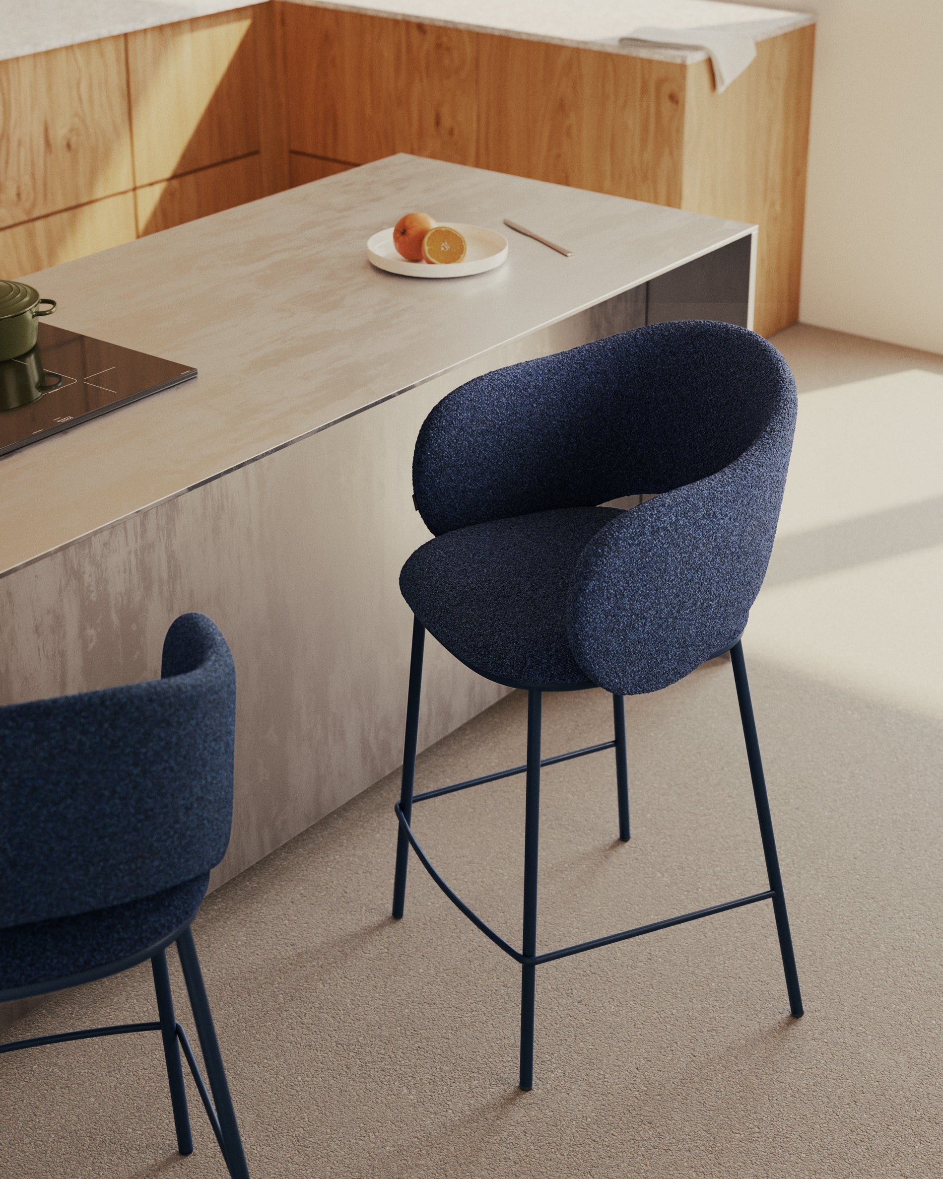 Maina stool in blue chenille and steel legs with blue finish FSC Mix Credit 65 cm - Lifestyle