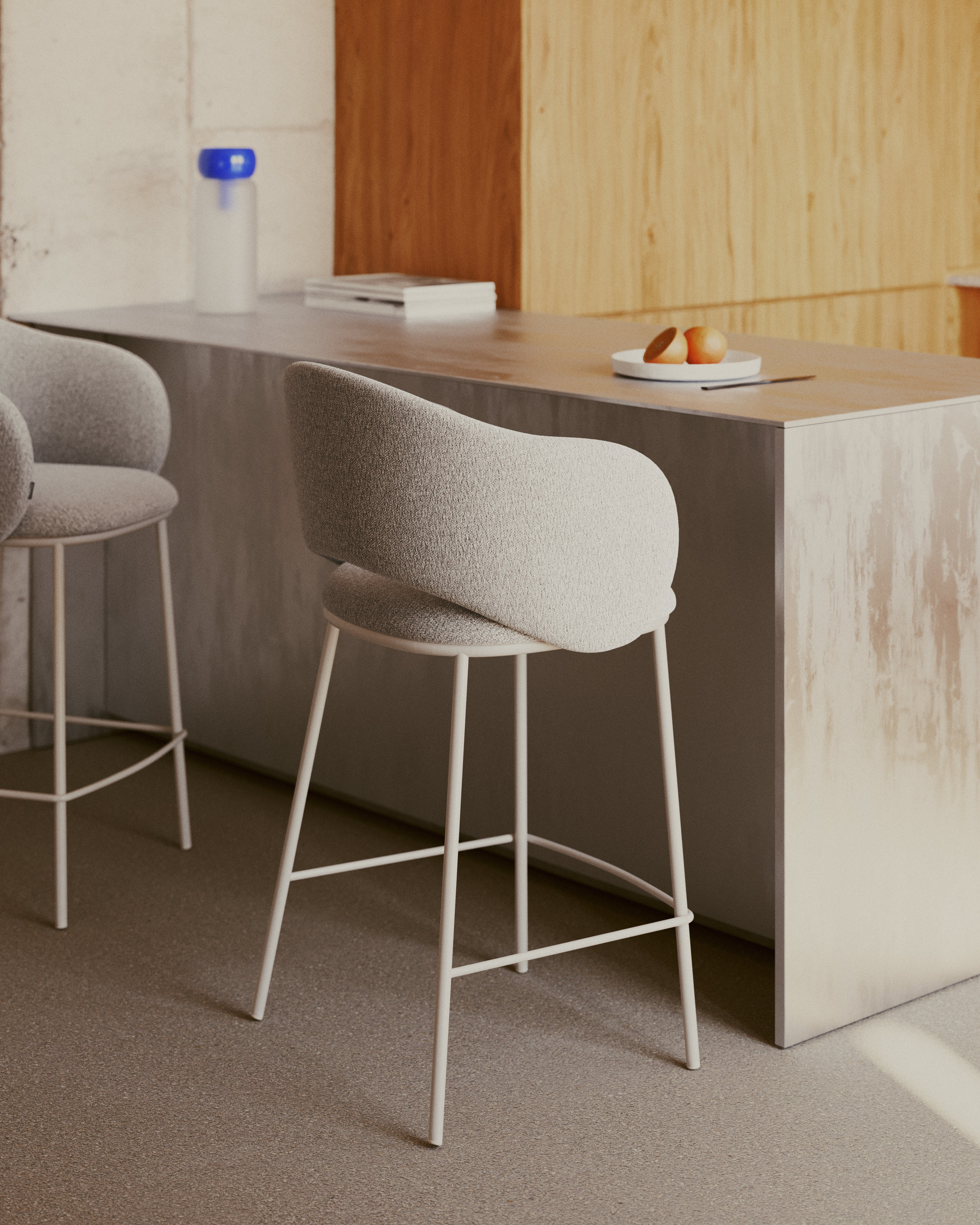 Maina stool in thick beige chenille and steel legs in a beige finish, FSC Mix Credit, 65 cm - Lifestyle
