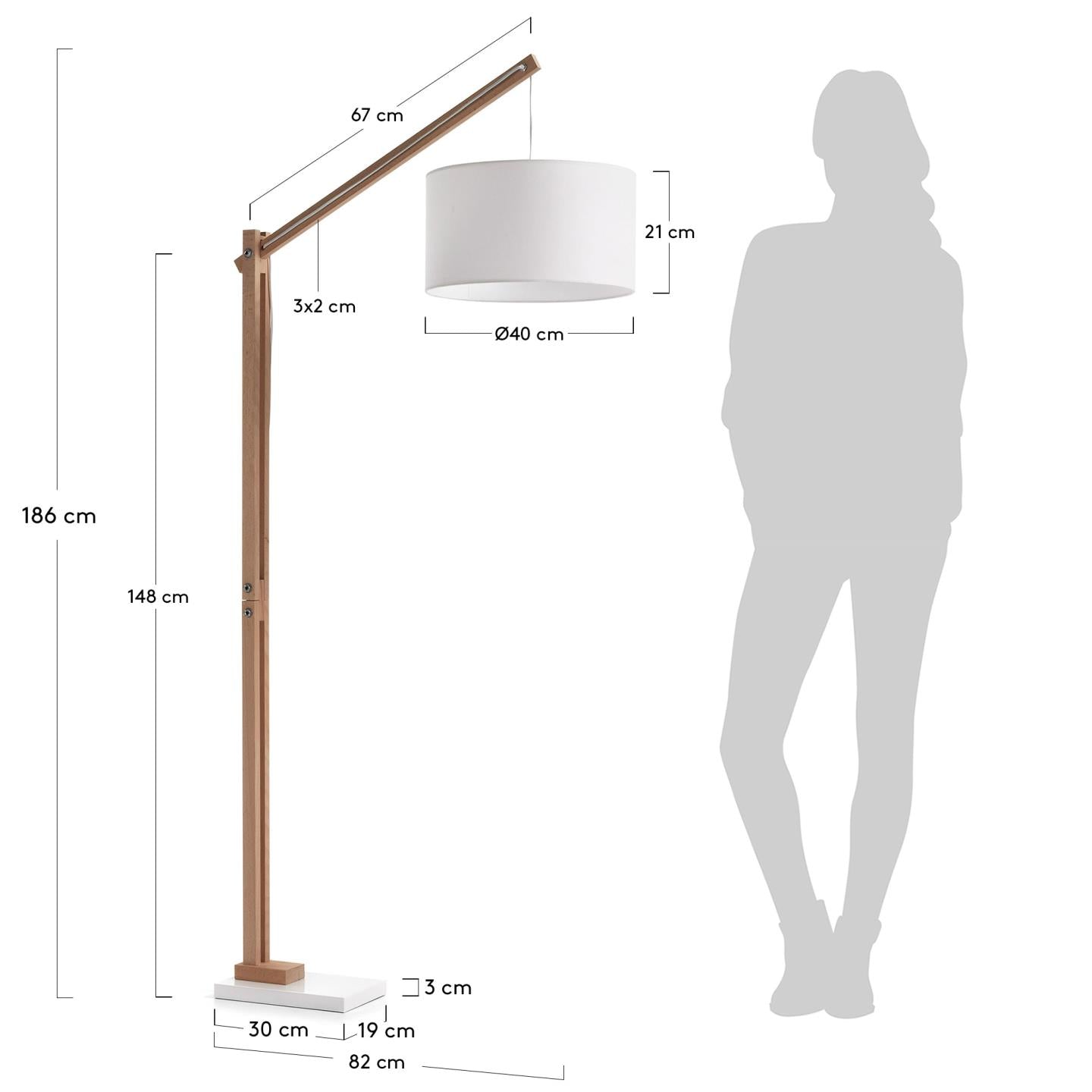 Riaz floor lamp in beech wood with white lampshade - Measurements