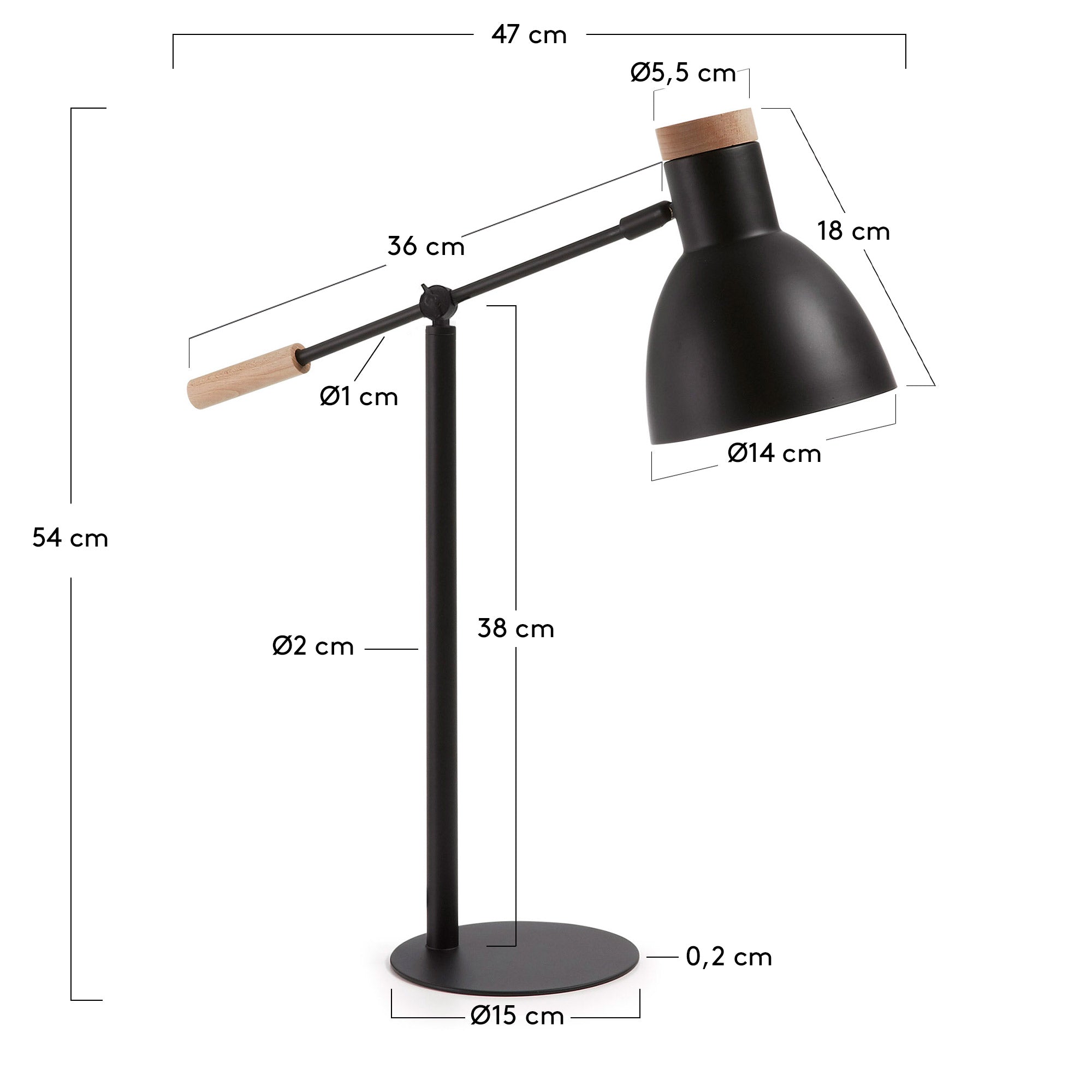 Tescarle table lamp in beech wood and steel with black finish - Measurements