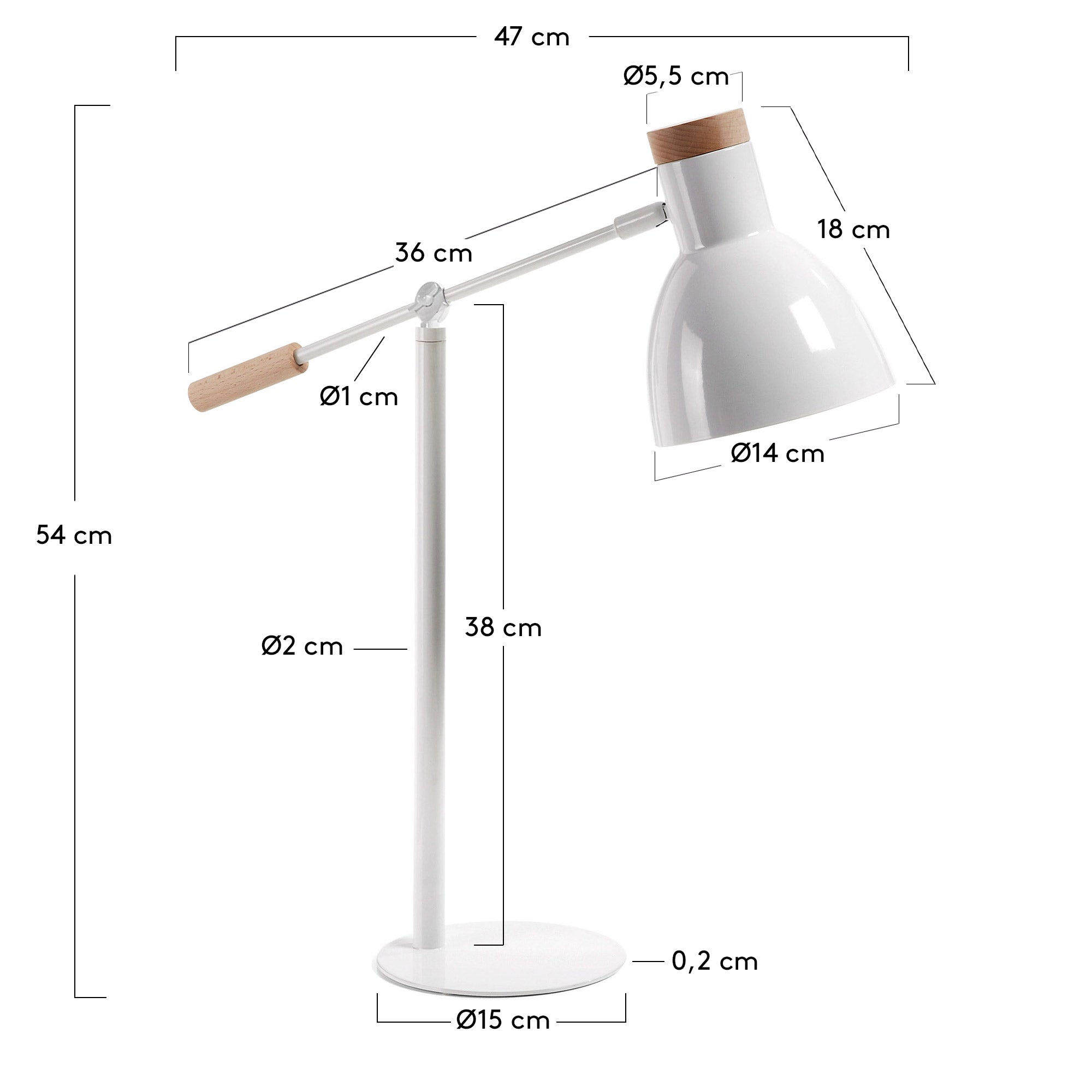 Tescarle table lamp in beech wood and steel with white finish - Measurements