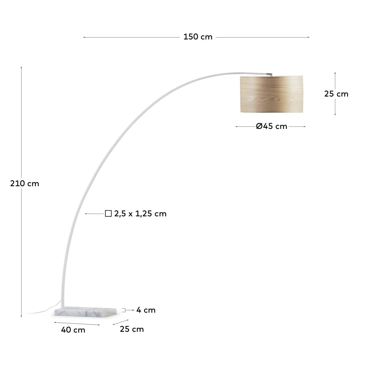 Juhe ash veneer floor lamp in white steel and marble - Measurements