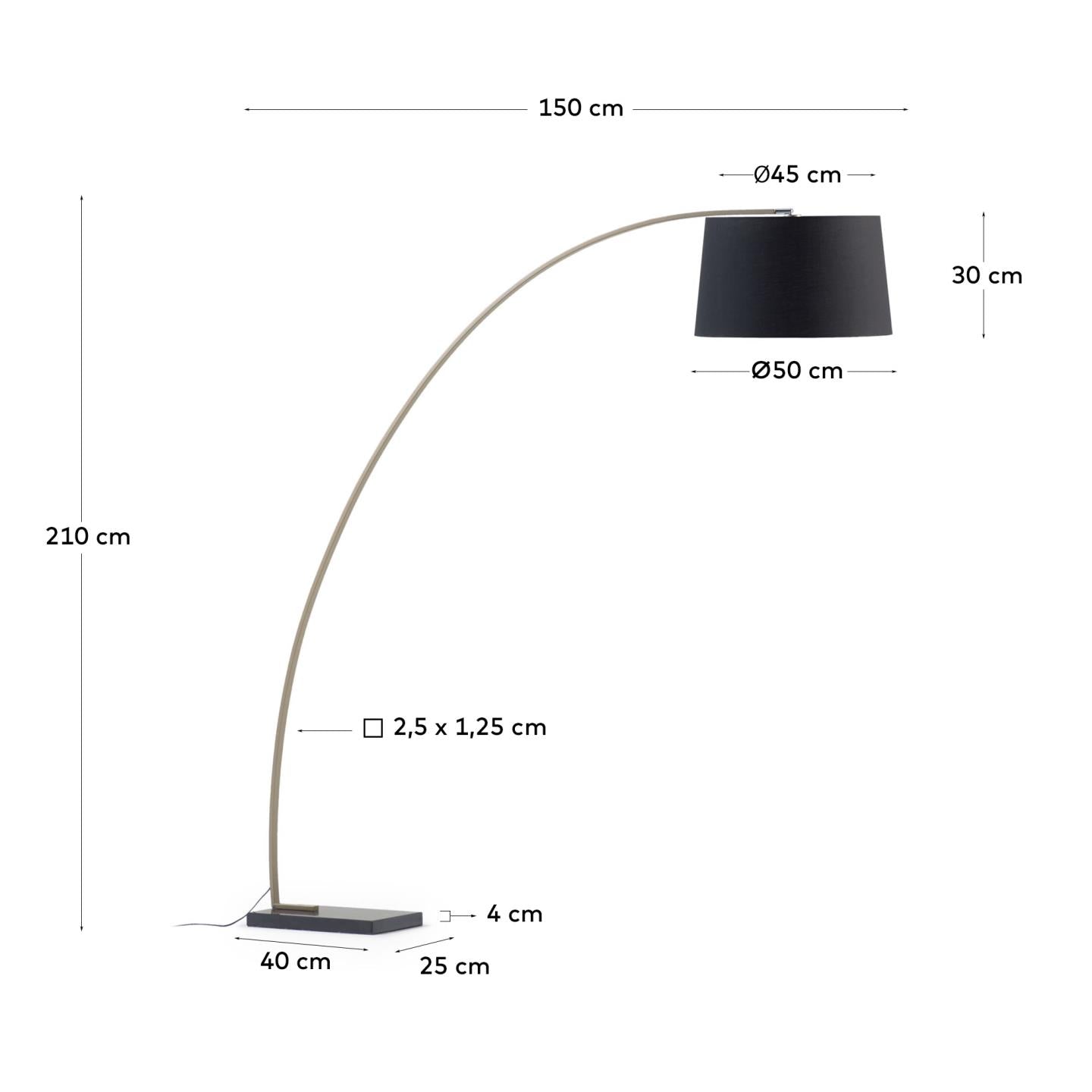 Juhe floor lamp with gold-coloured metal and black marble - Measurements