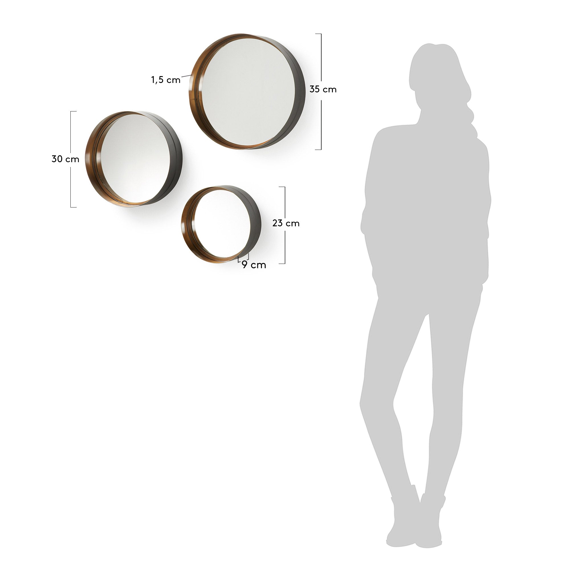 Wilton set of 3 mirrors in steel, Ø 35 cm / Ø 30 cm / Ø 23 cm - Measurements