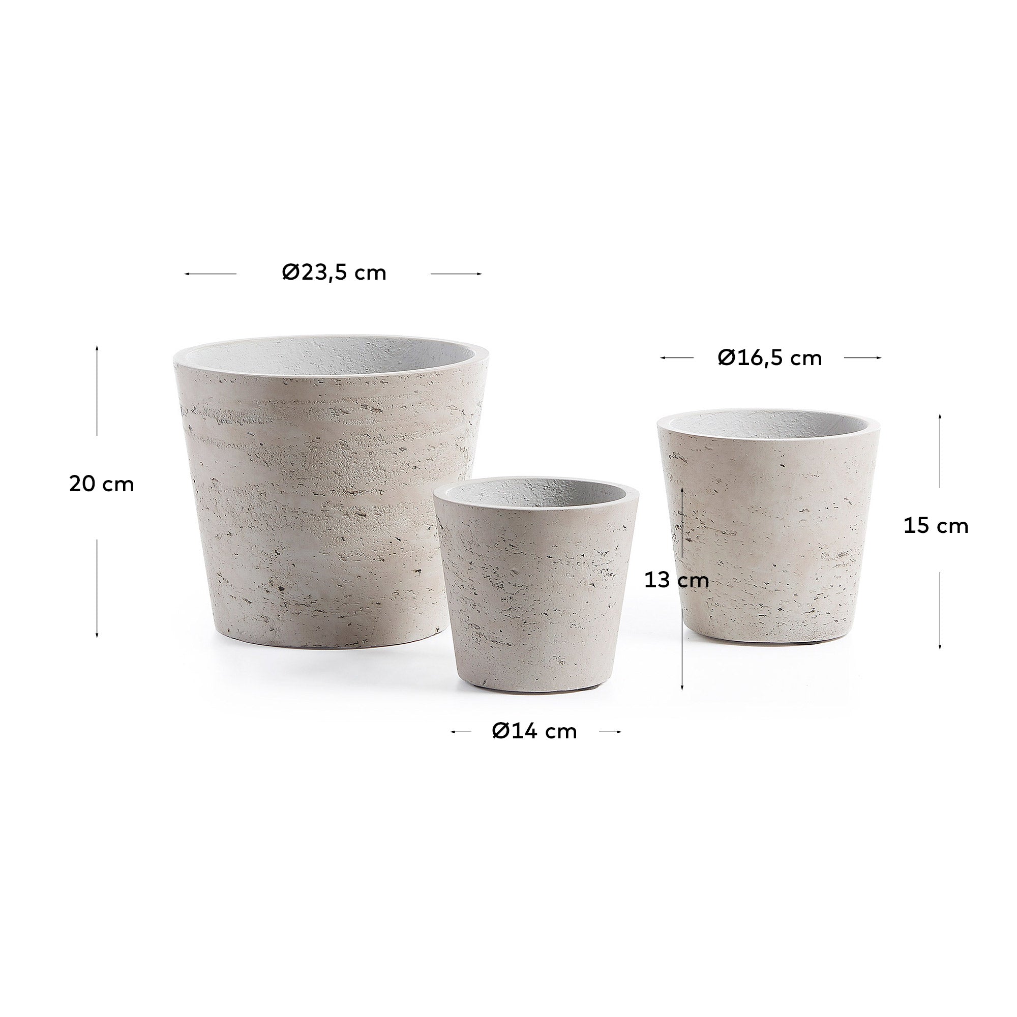 Low set of 3 planters grey Ø 23,5 cm / Ø 16,5 cm / Ø 14 cm - Measurements