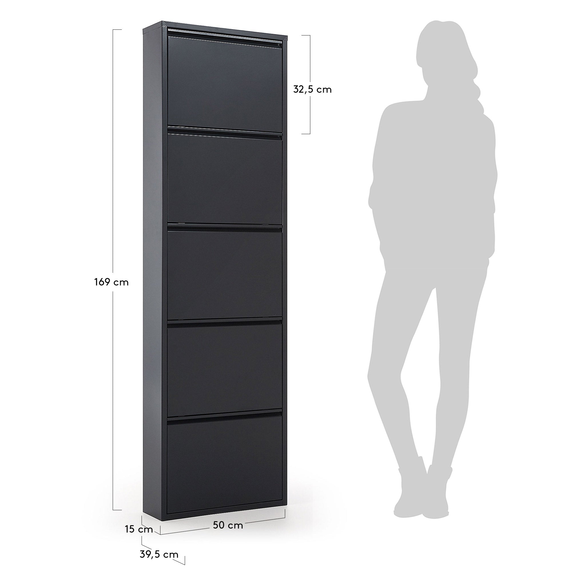 Ode shoe rack with 5 doors in dark grey, 50 x 168.5 cm - Measurements