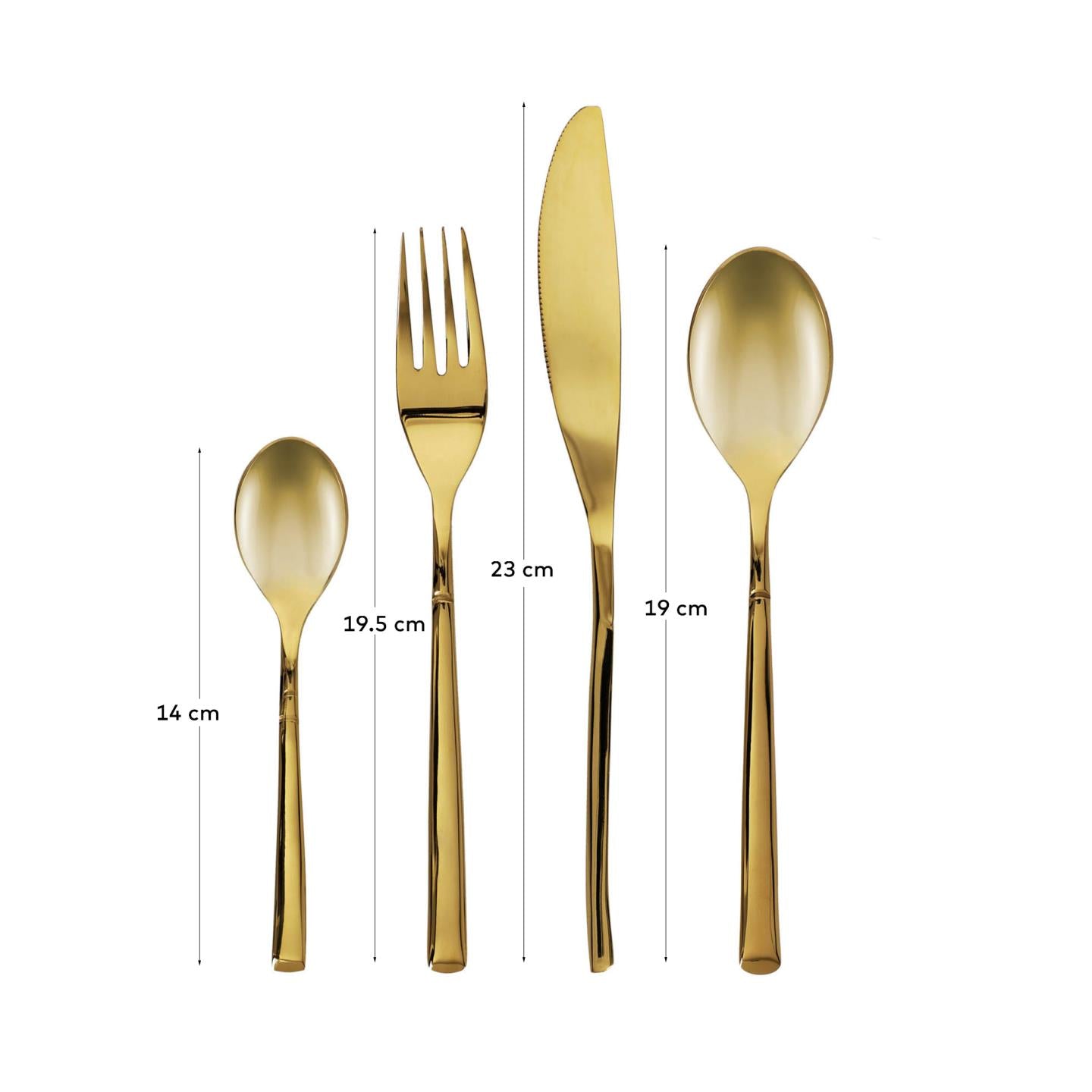 Lite square handle 16-piece golden cutlery set - Measurements