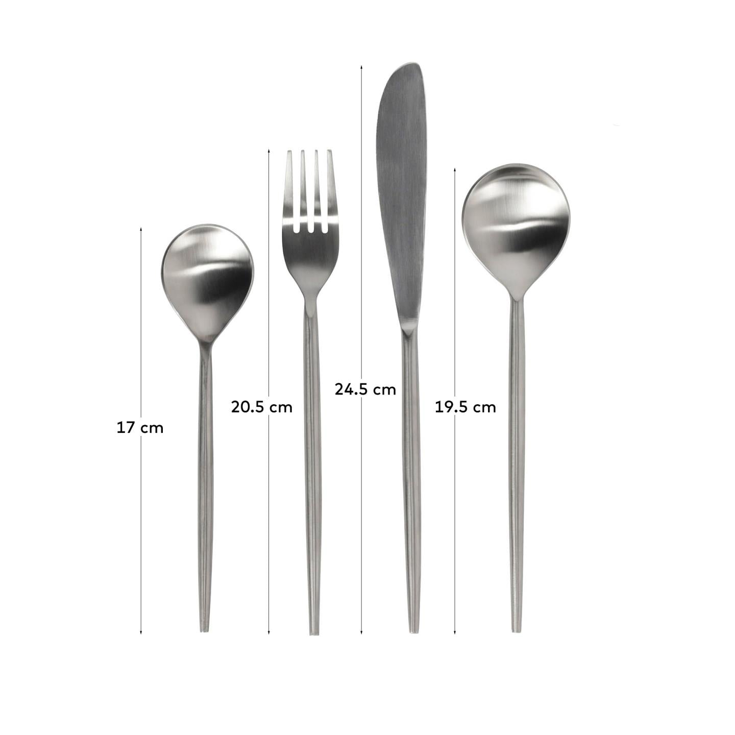 Crisps rounded handle 16-piece silvery cutlery set - Measurements