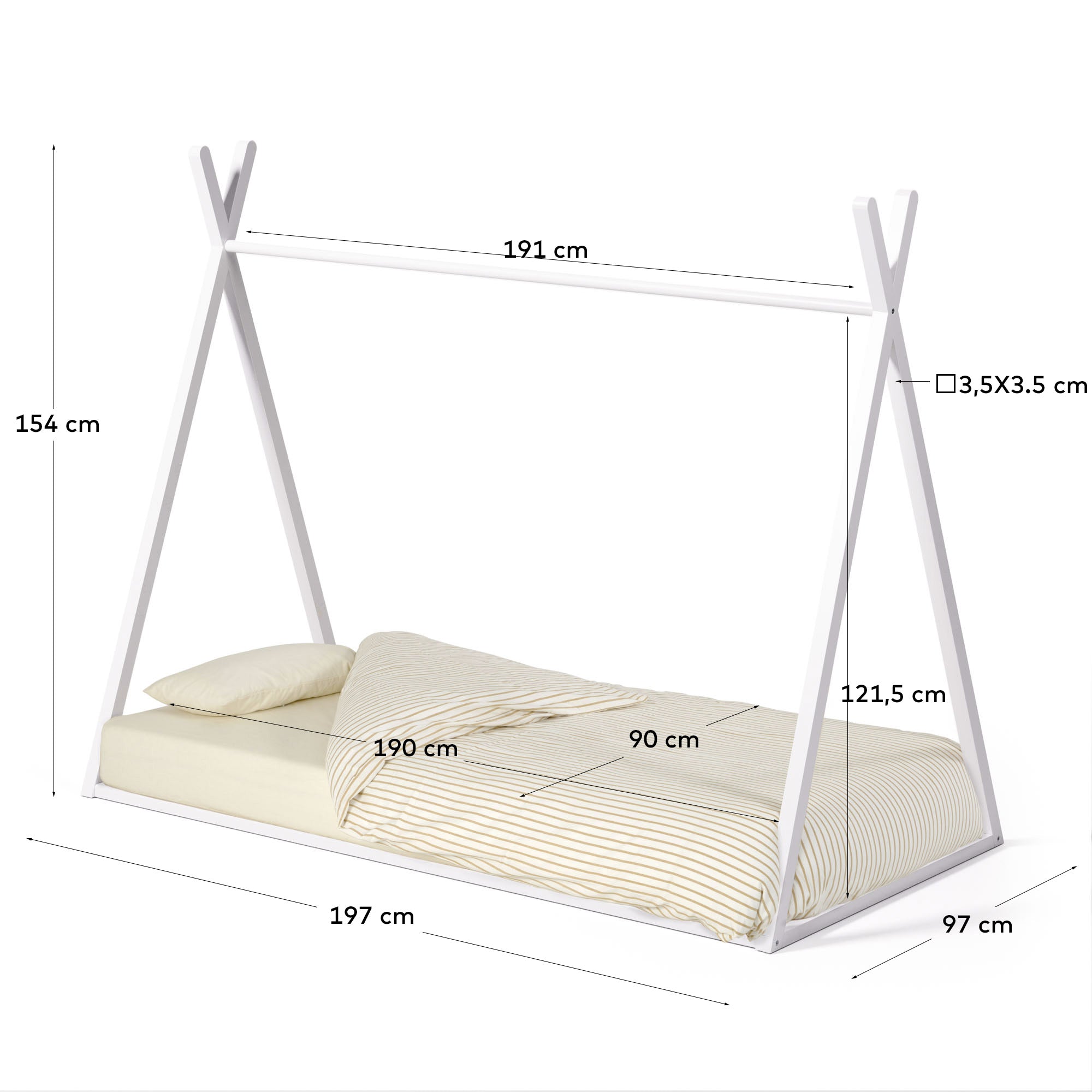 Maralis teepee bed made of solid beech wood with a white finish, for 90 x 190 cm mattresses - Measurements