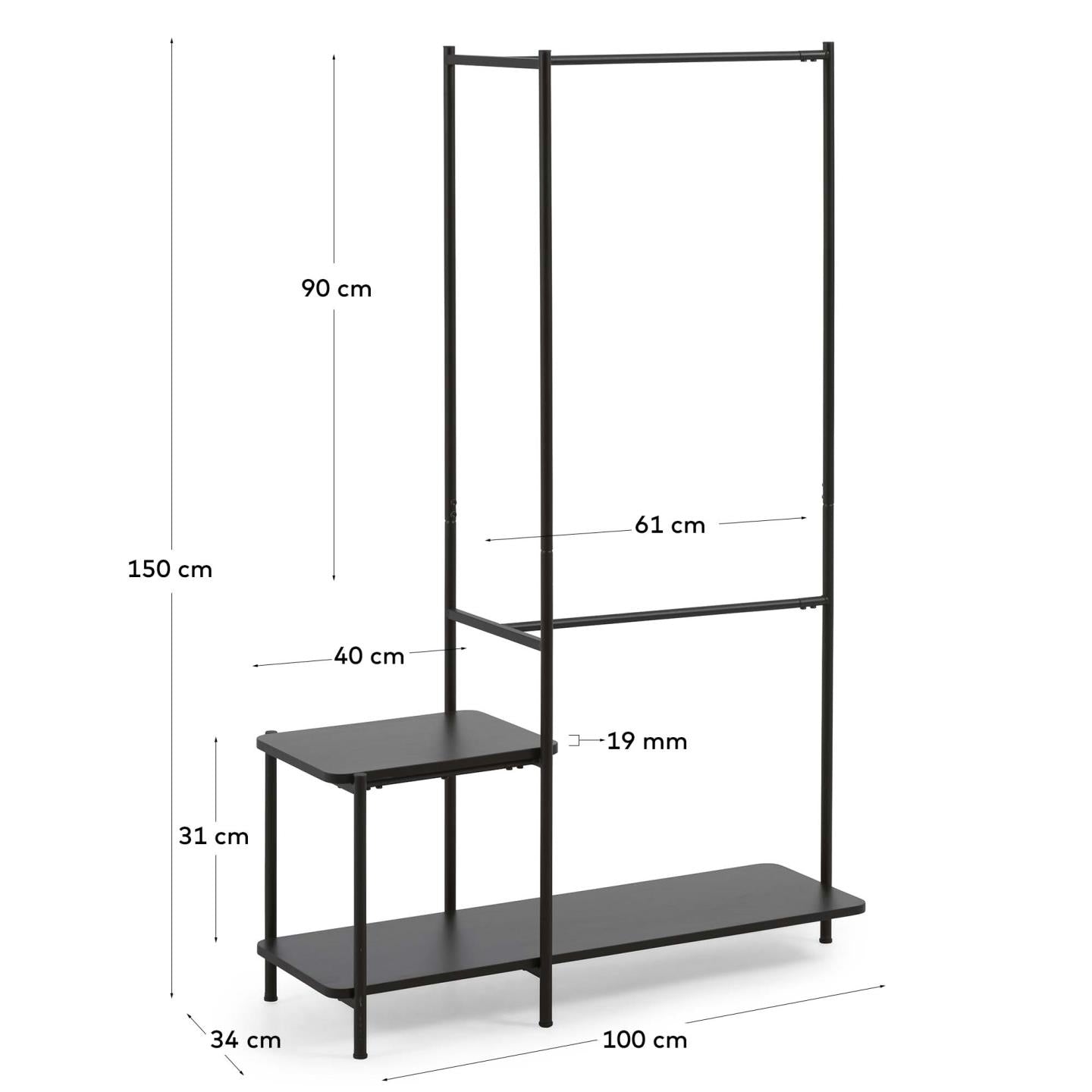 Galatia melamine and metal clothes rail with bench in black finish 100 x 150 cm - Measurements