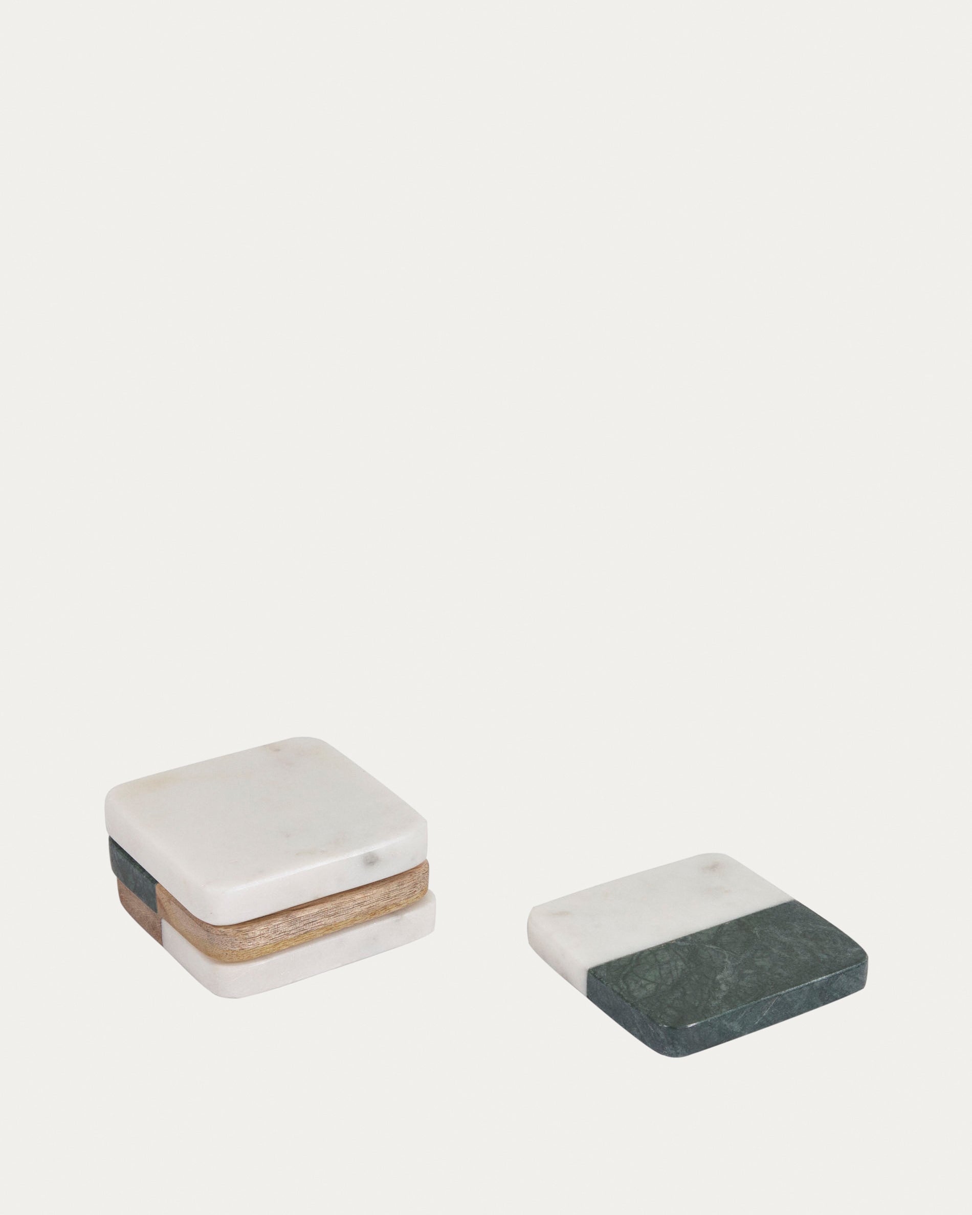 Wilmina set of 4 coasters in green stone and wood - Product View
