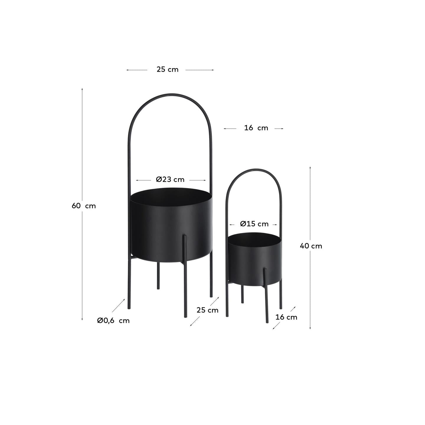 Set of 2 Mash planters with black metal handle Ø 25 cm / Ø 16,5 cm - Measurements