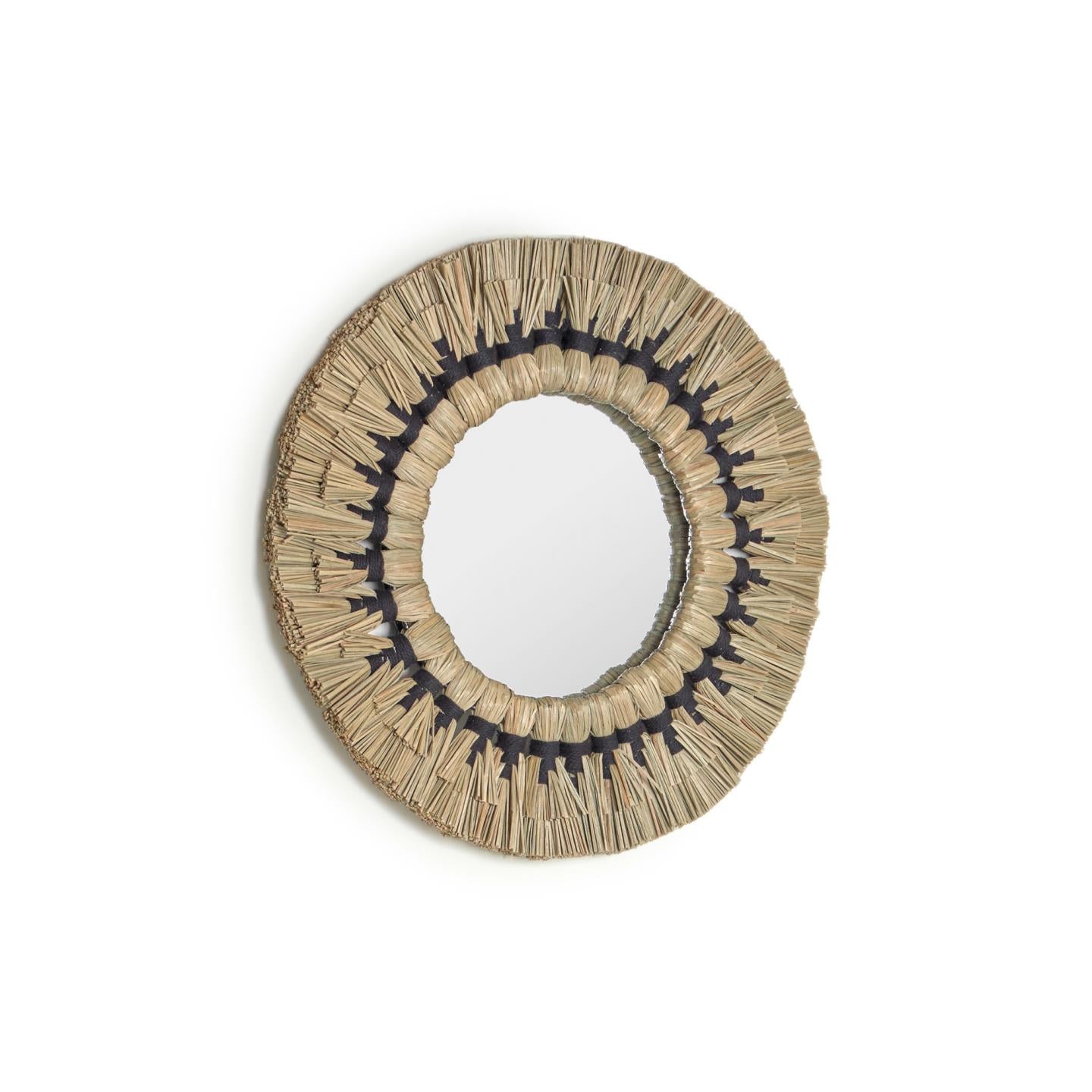 Akila round mirror made from green natural fibres and black cotton cord, 40 cm - Product Image