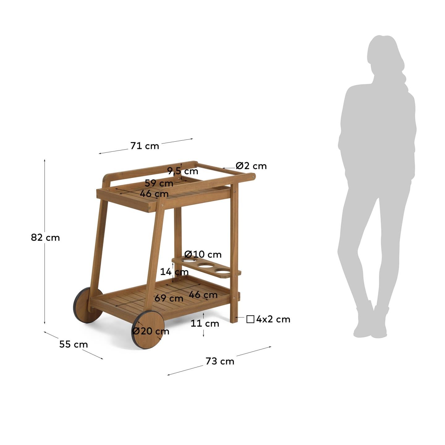 Felisa solid acacia hostess trolley FSC 100% - Measurements