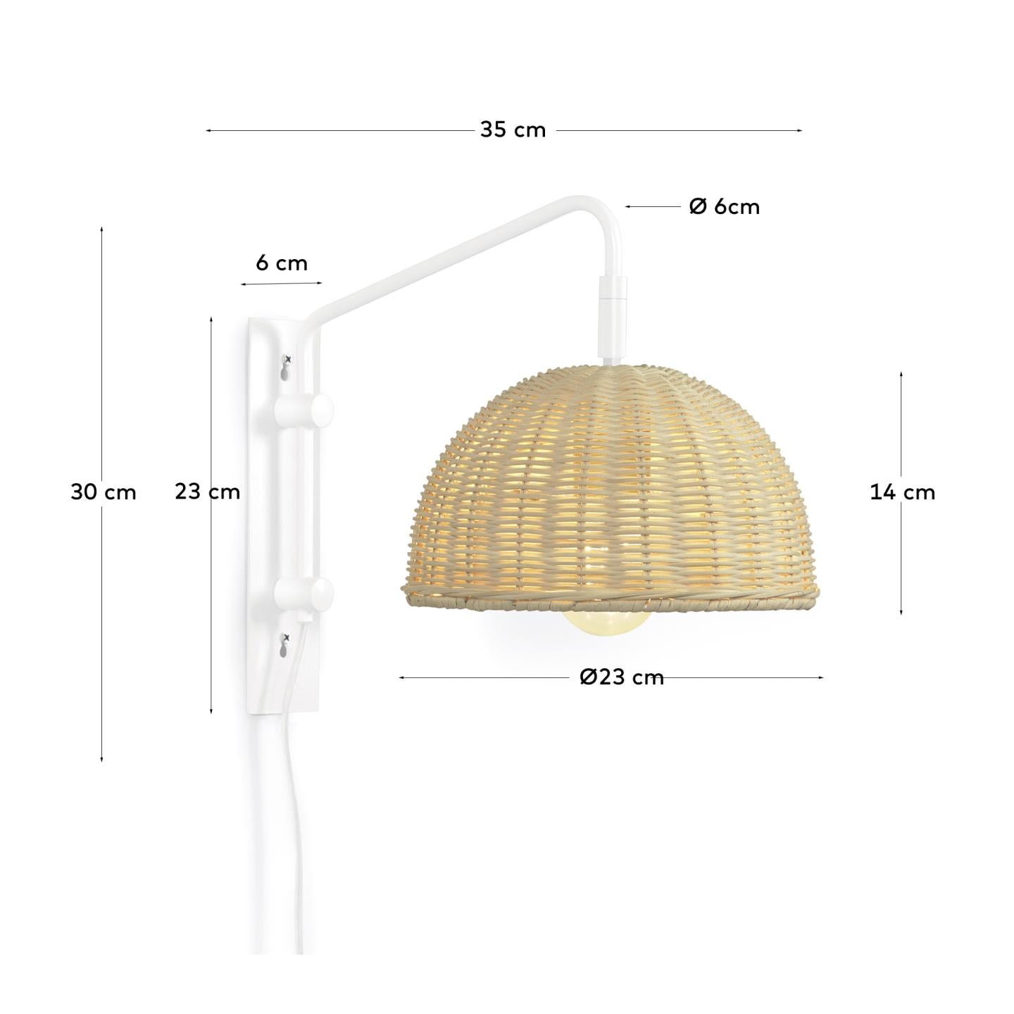 Damila wall light in metal with white finish and rattan with natural finish - Measurements