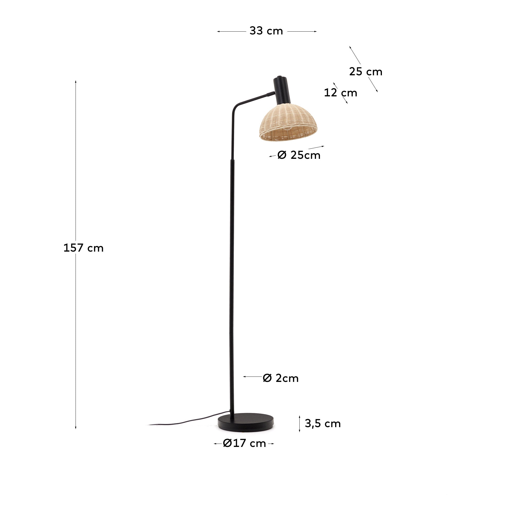 Damila floor lamp in rattan and black metal - Measurements