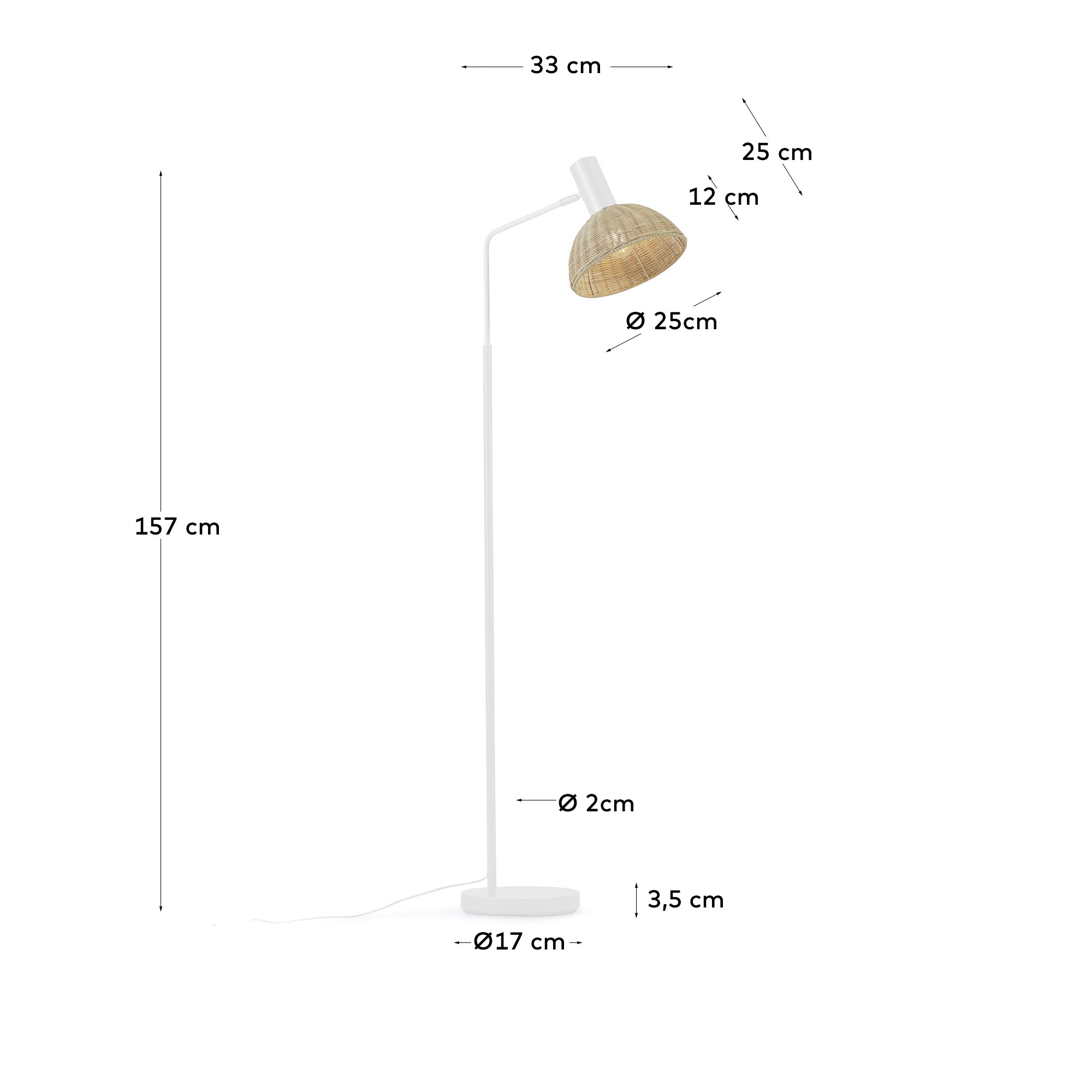 Damila floor lamp in metal with white finish and rattan with natural finish - Measurements