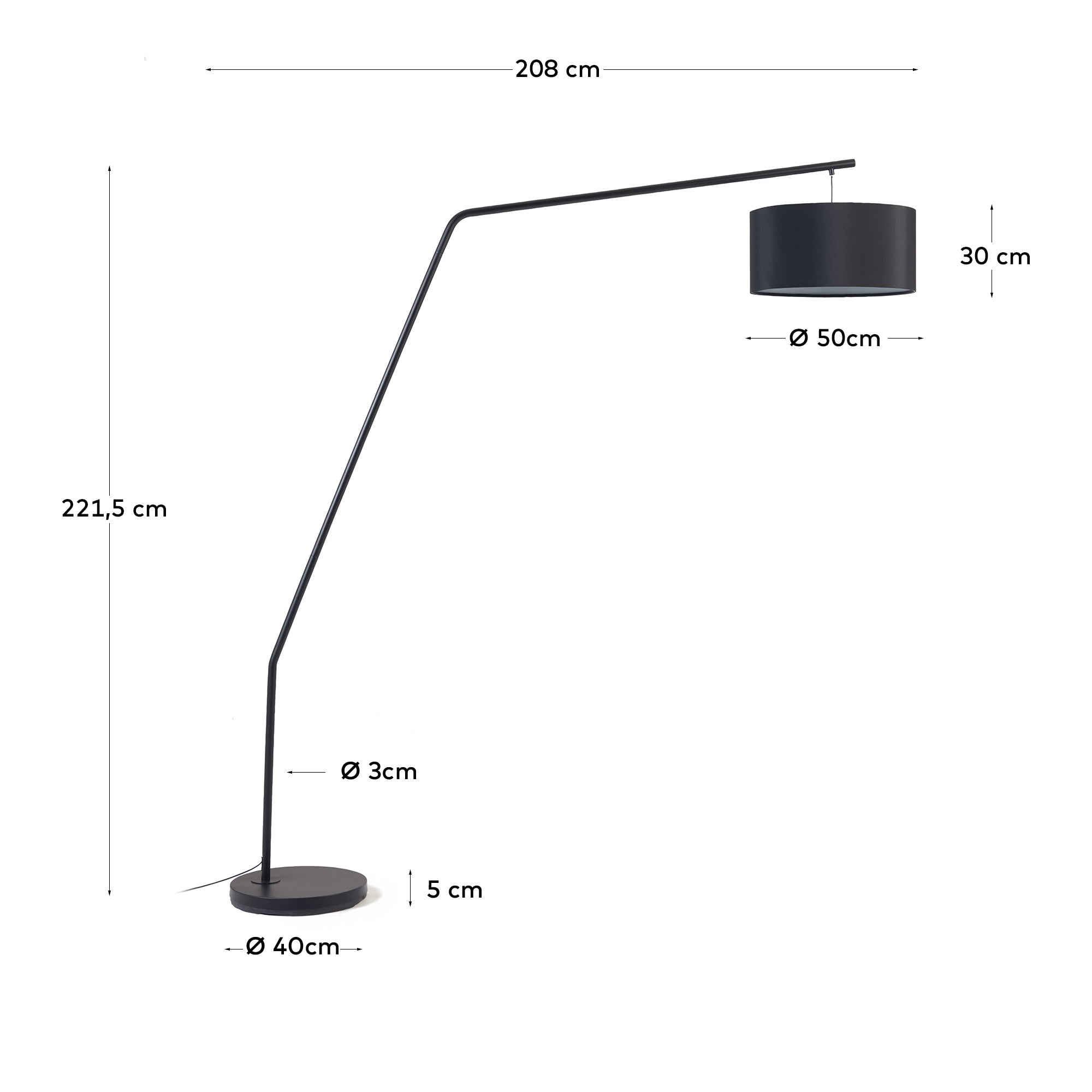 Ciana floor lamp in black finished metal with a cotton lampshade - Measurements