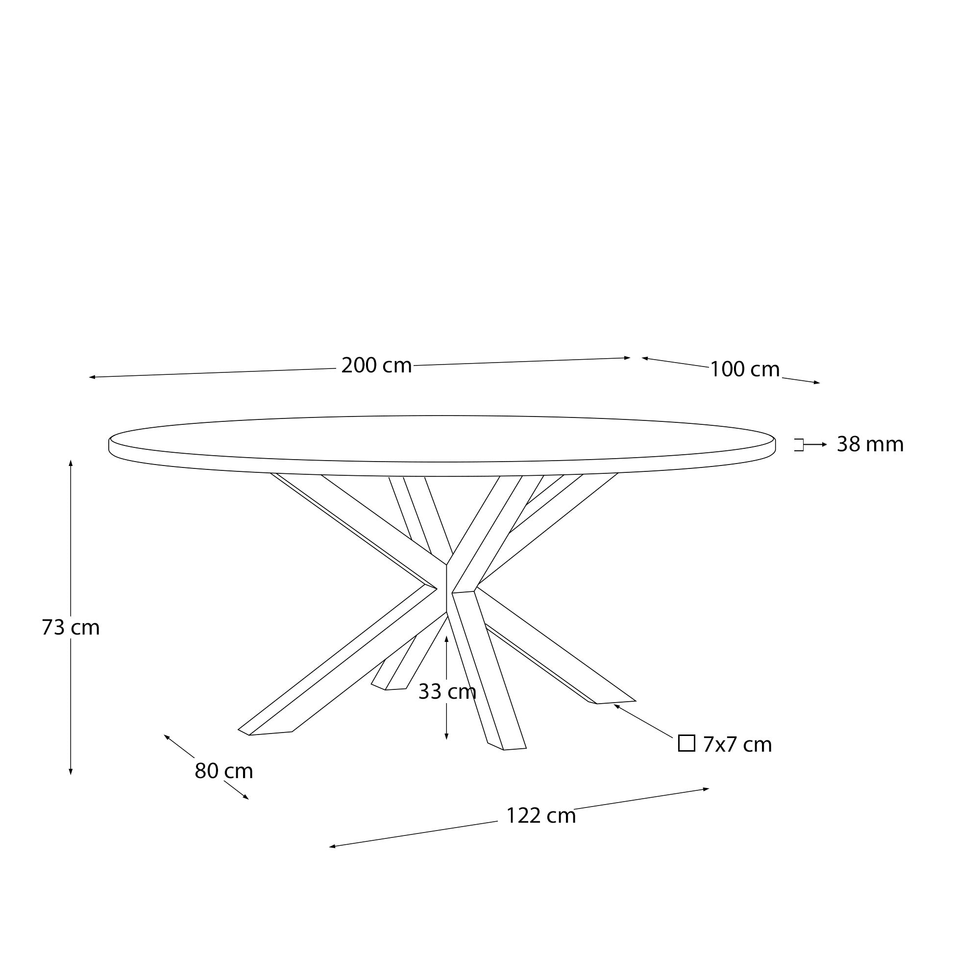 Argo oval table in solid acacia wood and wood-effect steel legs Ø 200 100 cm - Measurements