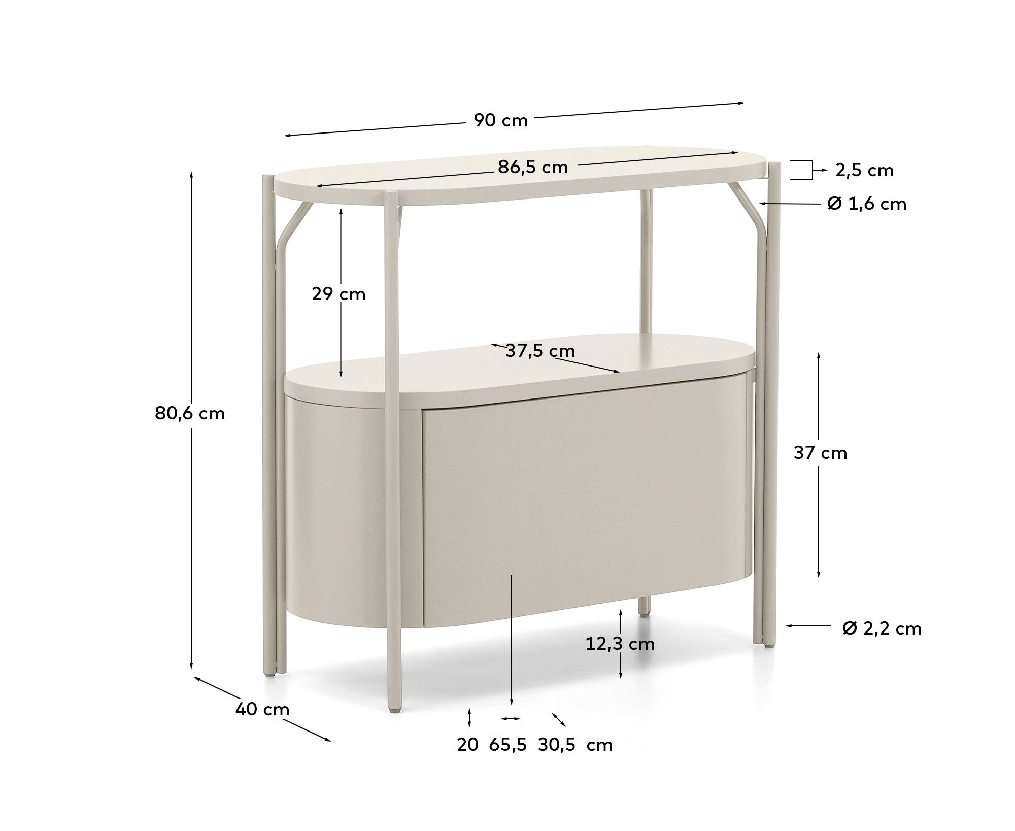 Arely bathroom vanity unit with steel structure and white lacquered MDF 90 x 40cm - Measurements