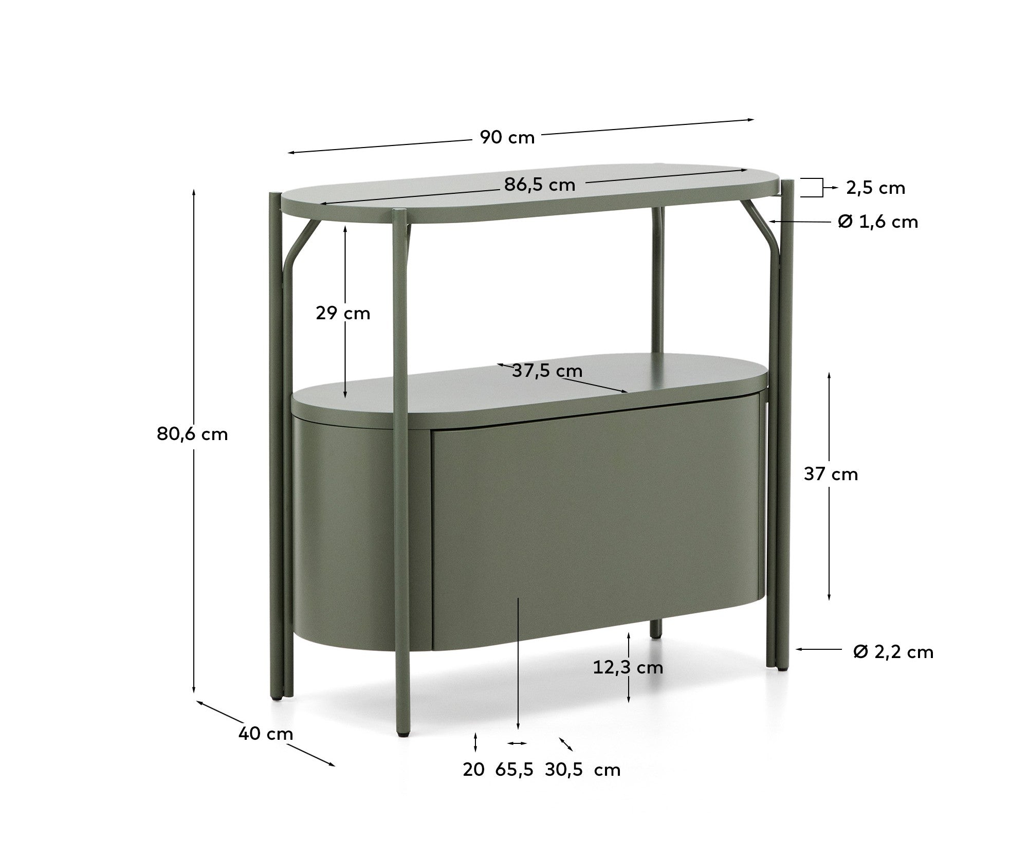Arely bathroom vanity unit with steel structure and green lacquered MDF 90 x 40cm - Measurements