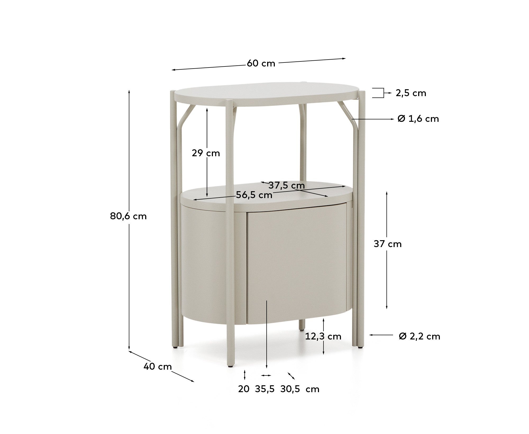 Arely bathroom vanity unit with steel structure and white lacquered MDF 60 x 40cm - Measurements