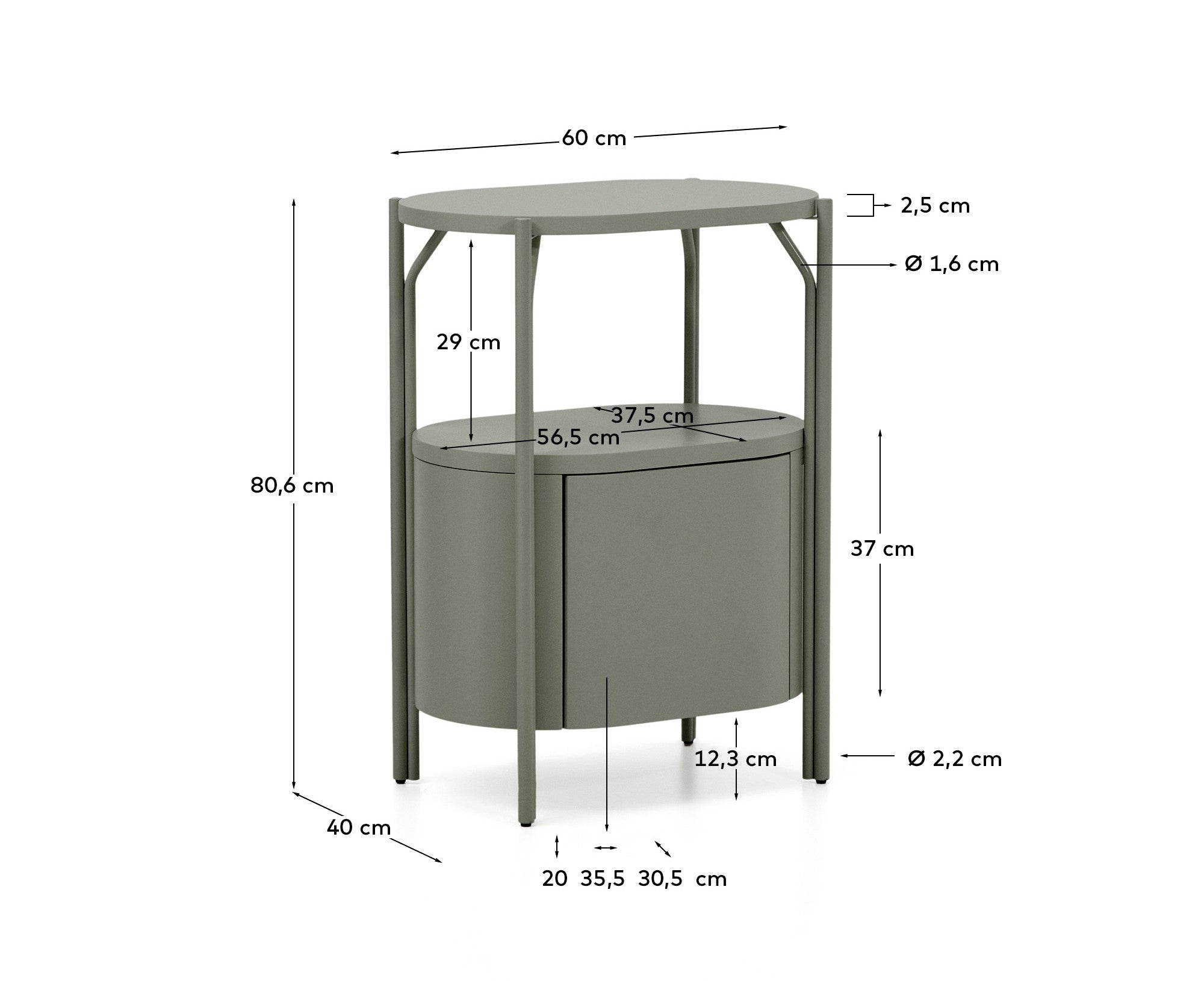 Arely bathroom vanity unit with steel structure and green lacquered MDF 60 x 40cm - Measurements