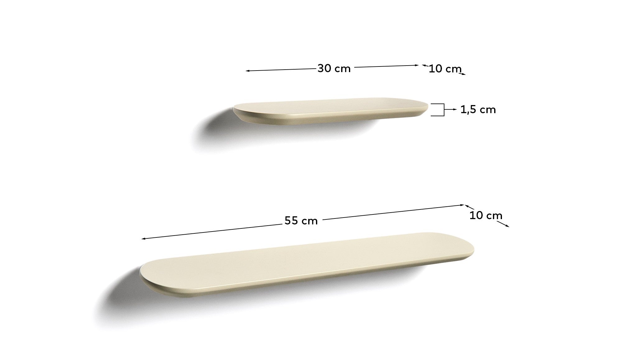 Arely set of 2 MDF shelves with beige lacquer finish 35 cm/55 cm - Measurements