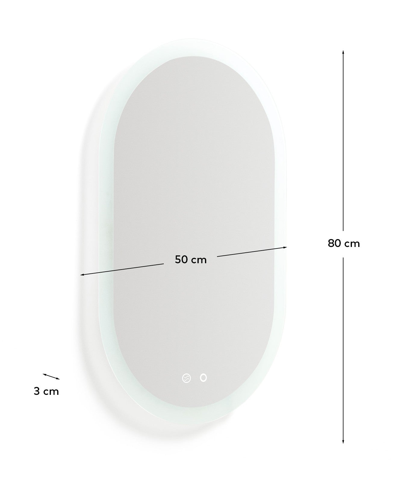 Mervi oval bathroom mirror with LED light and anti-fog 80 x 50cm - Measurements