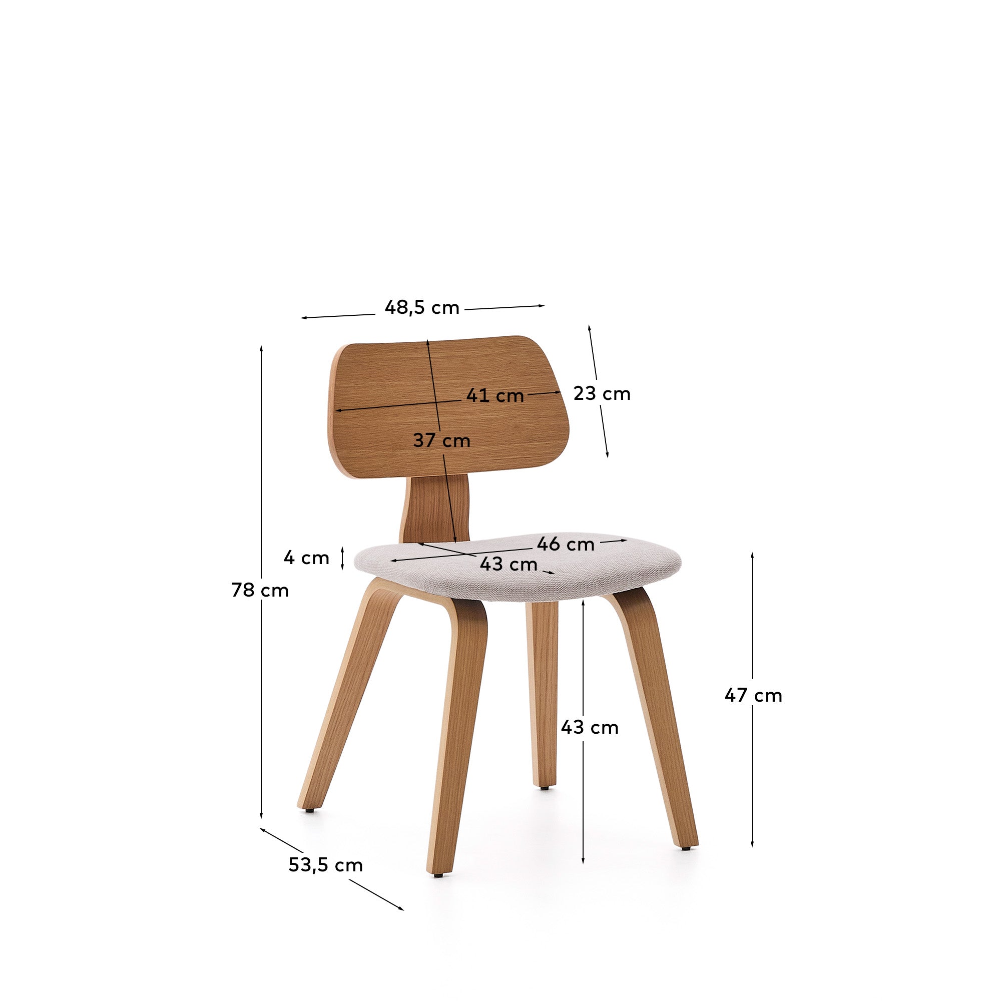 Gena chair in oak veneer and beige chenille - Measurements